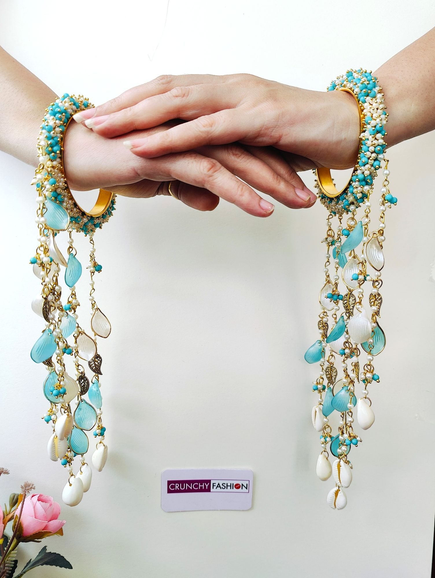 Sky Blue Bridal Pearl & Seashell Haldi Kaliras