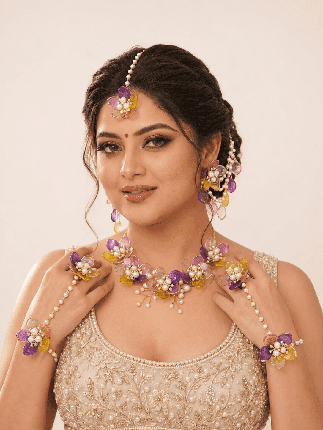 Yellow-Pink Acrylic Flowers Jewelry: Bridal and Haldi-Mehndi Carnival Collection