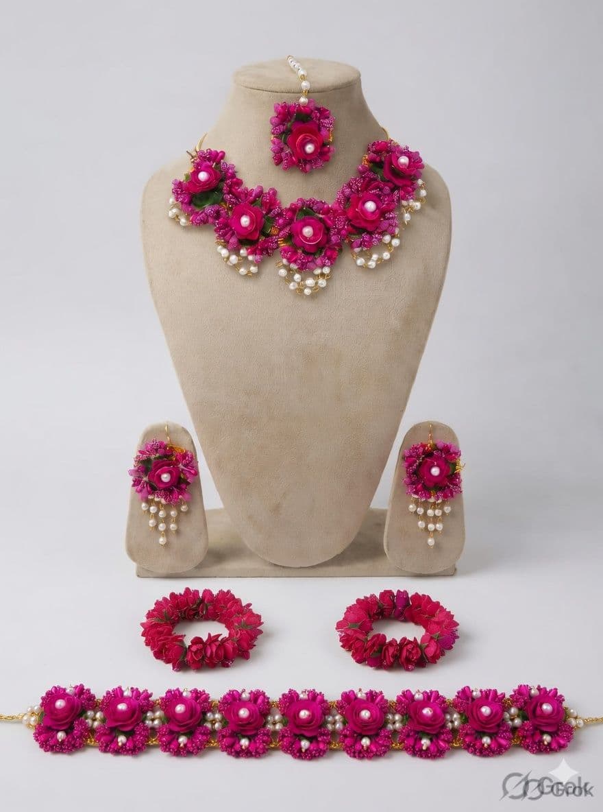 Handmade Godh Bharai Flower Necklace Set with Earrings, Maang Tikka, Bangles & Floral waist
