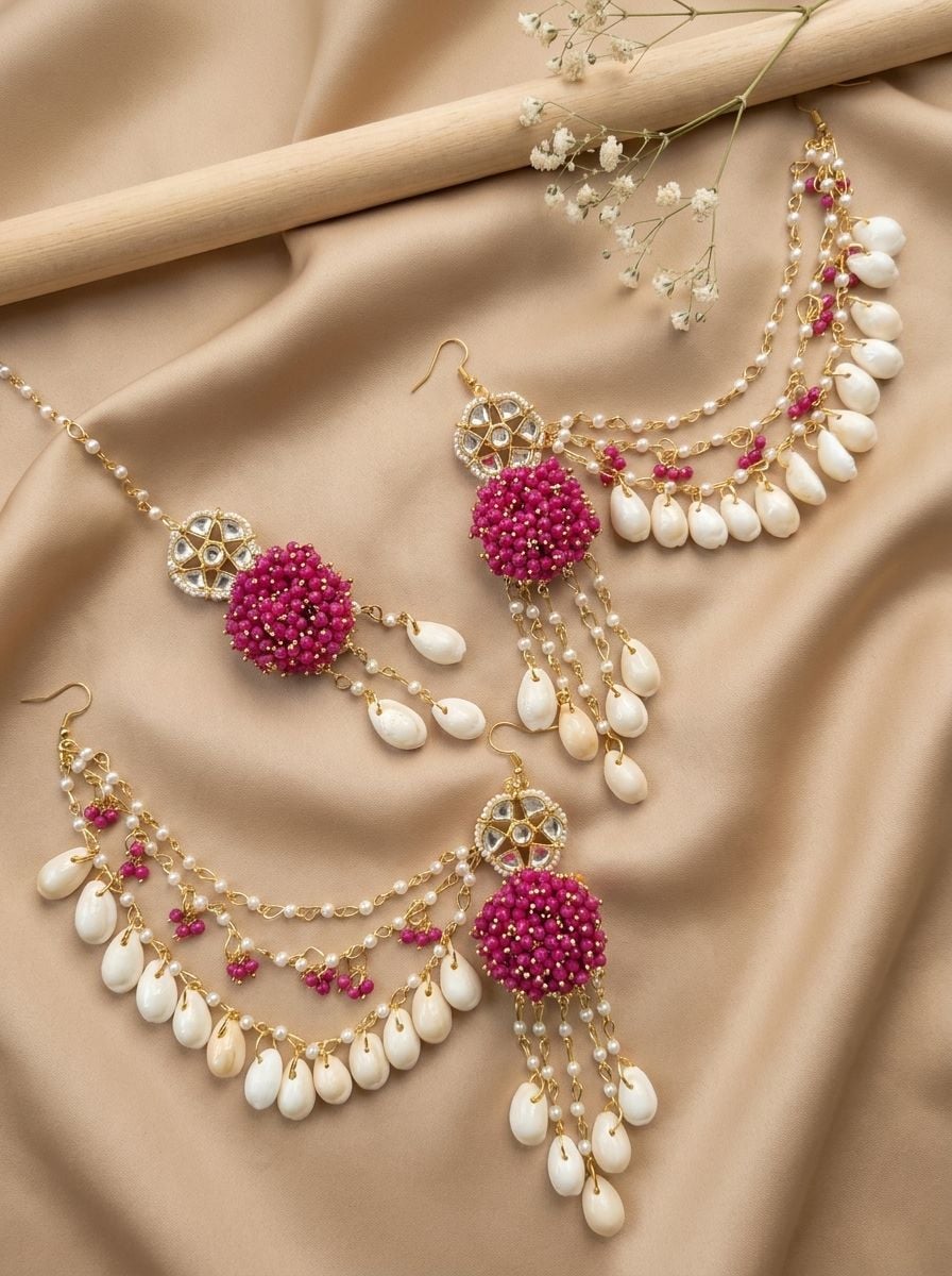 Pink Pearl Kundan Sea Shell Jhumka Earrings Set