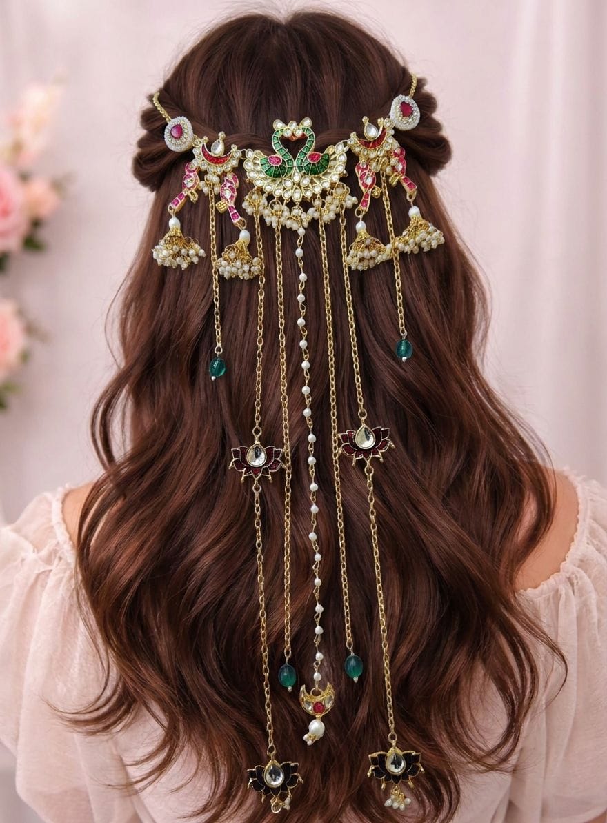 Red Lotus Peacock Meenakari Bridal Hair Accessory