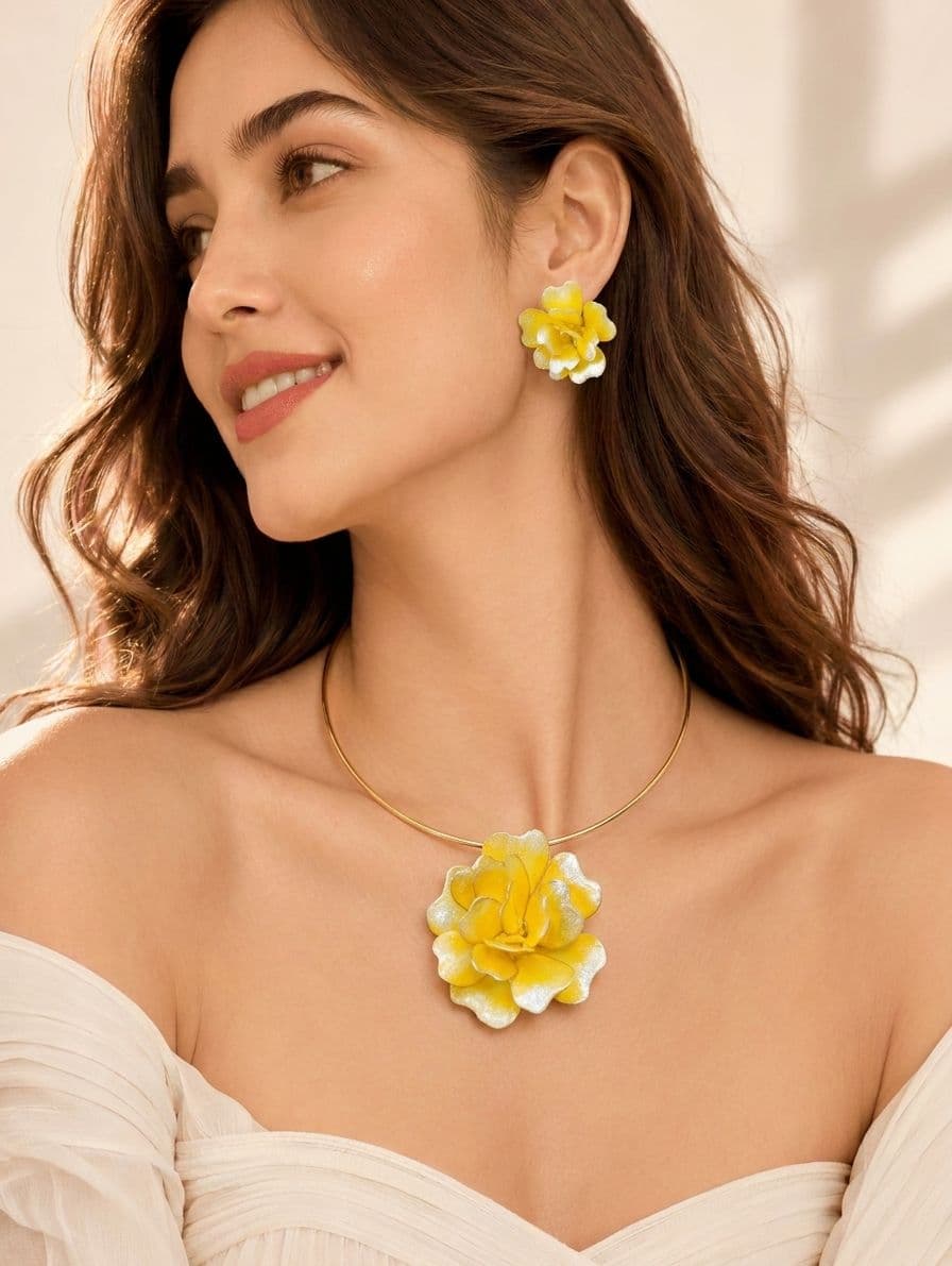 Yellow Floral Resin Necklace Set for Women