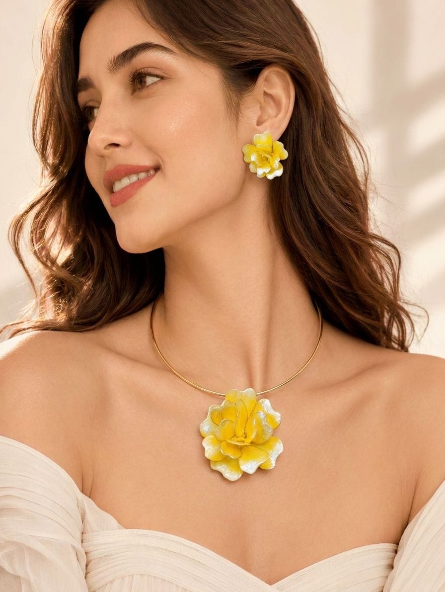 Yellow Floral Resin Necklace Set for Women