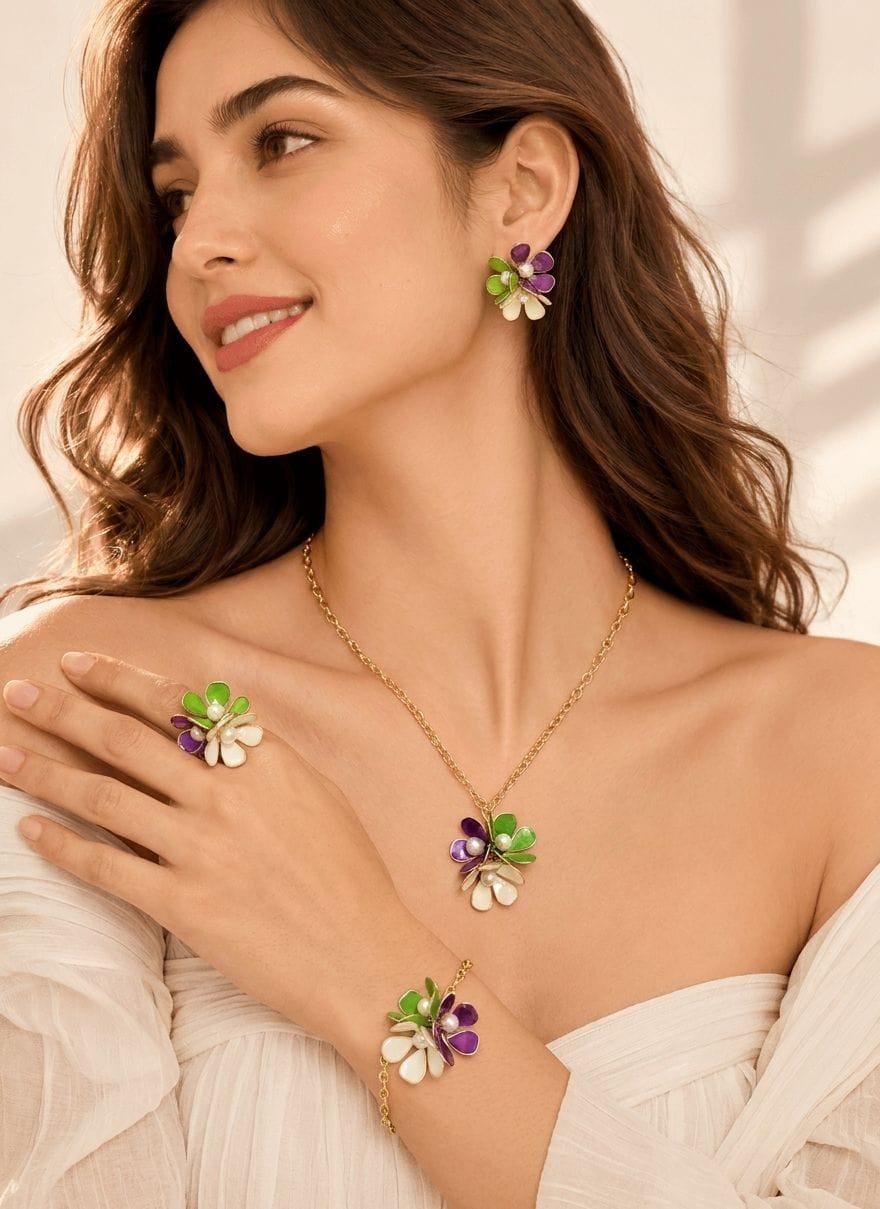 Handmade Purple Green Floral Resin Necklace