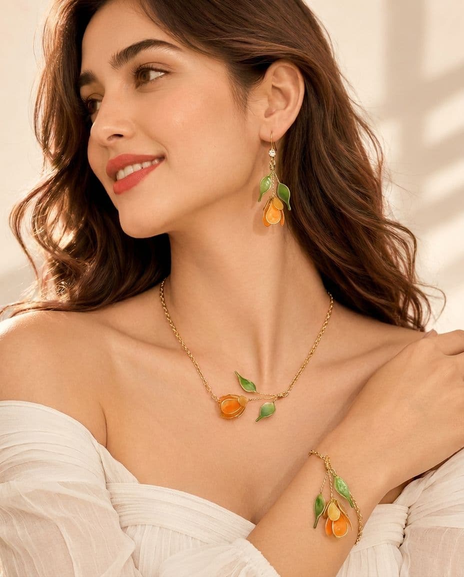 Handmade Resin Necklace Tulip Set in Orange Green