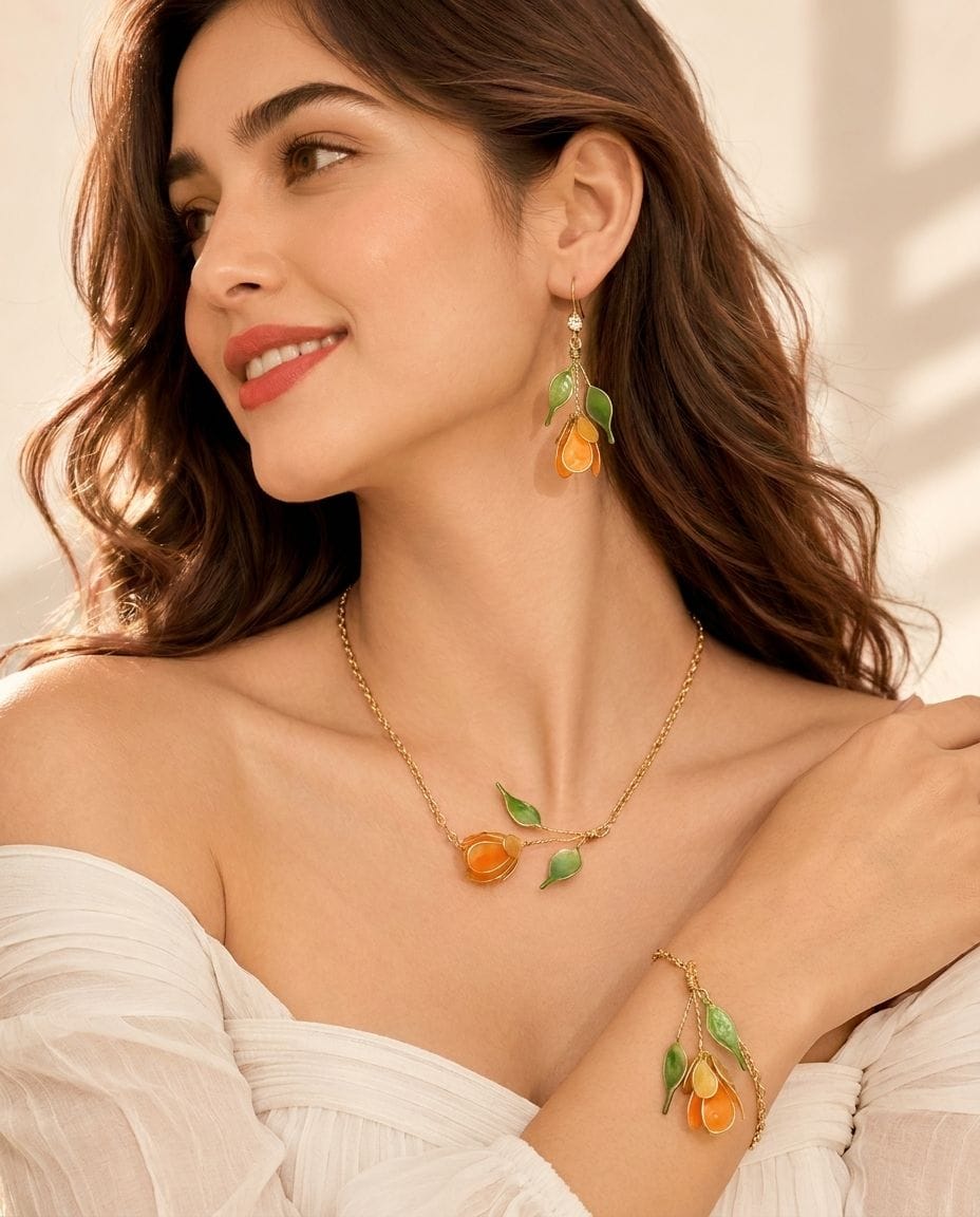 Handmade Resin Necklace Tulip Set in Orange Green