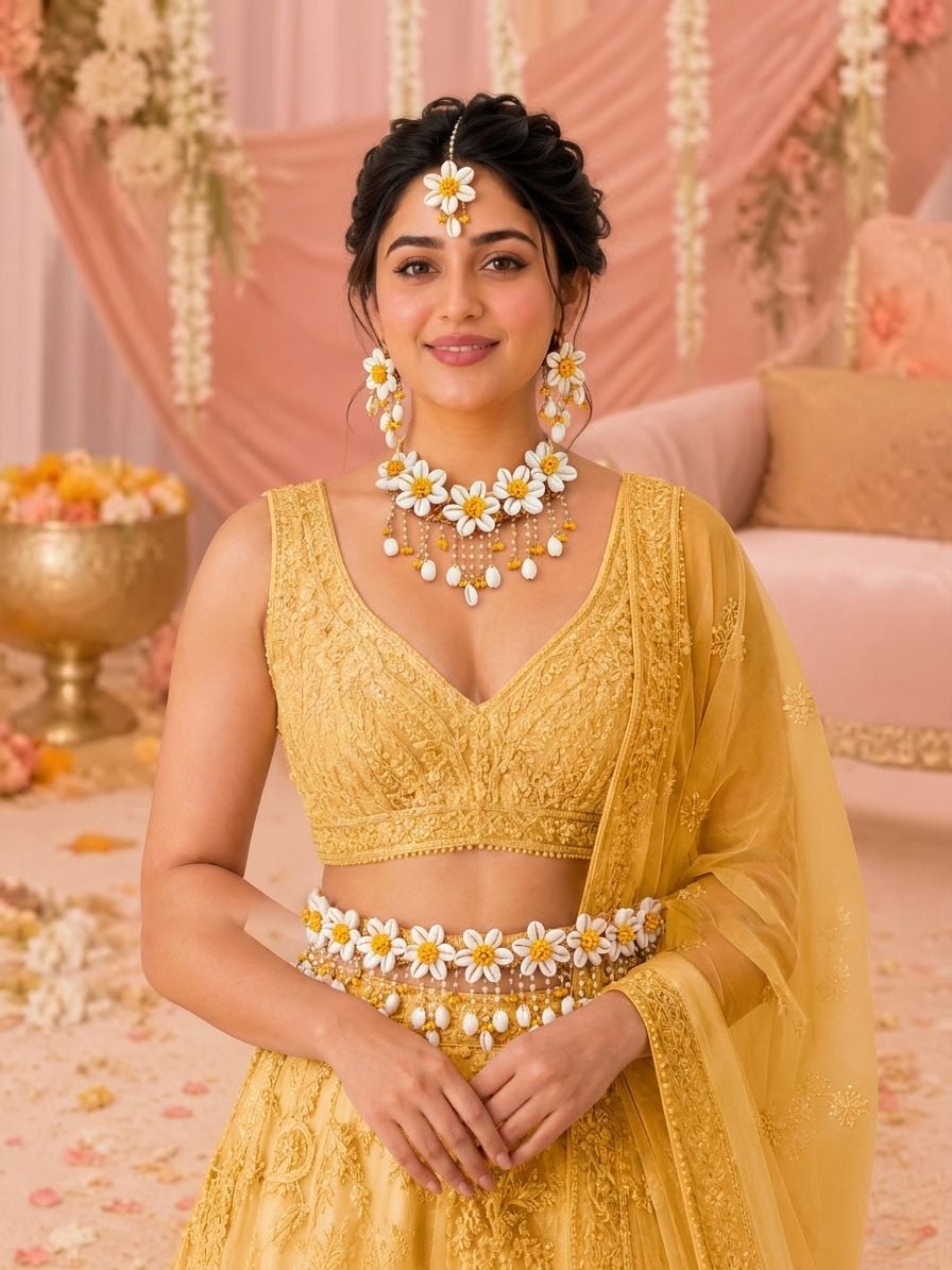 Yellow Pearl & Cowrie Shell Haldi Jewelry Set / Gold Plating