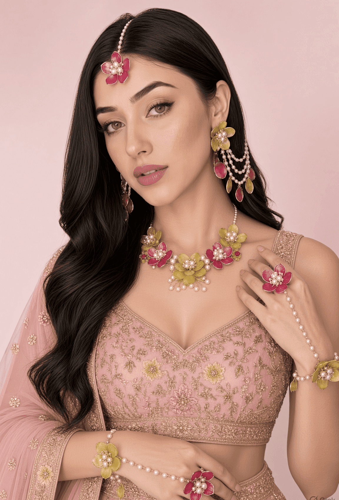 Designer Floral Haldi-Mehndi Bridal Jewellery Pink & Green