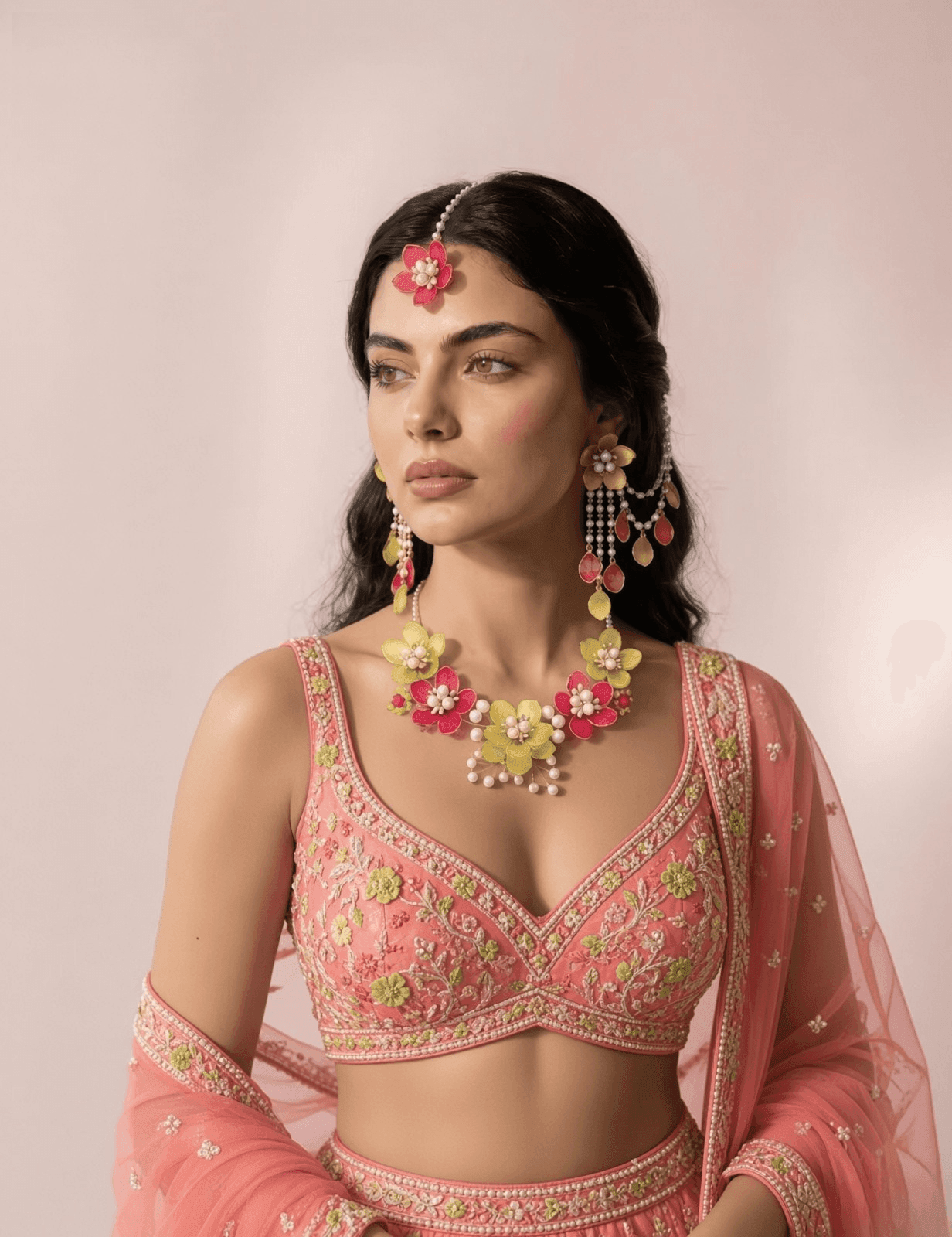 Designer Floral Haldi-Mehndi Bridal Jewellery Pink & Green