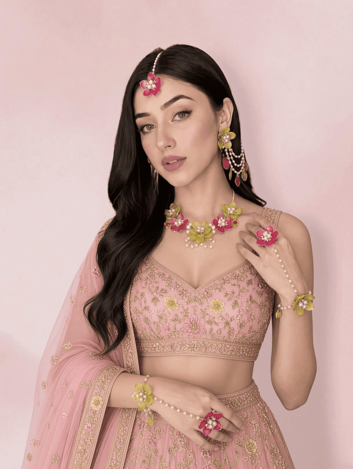 Designer Floral Haldi-Mehndi Bridal Jewellery Pink & Green