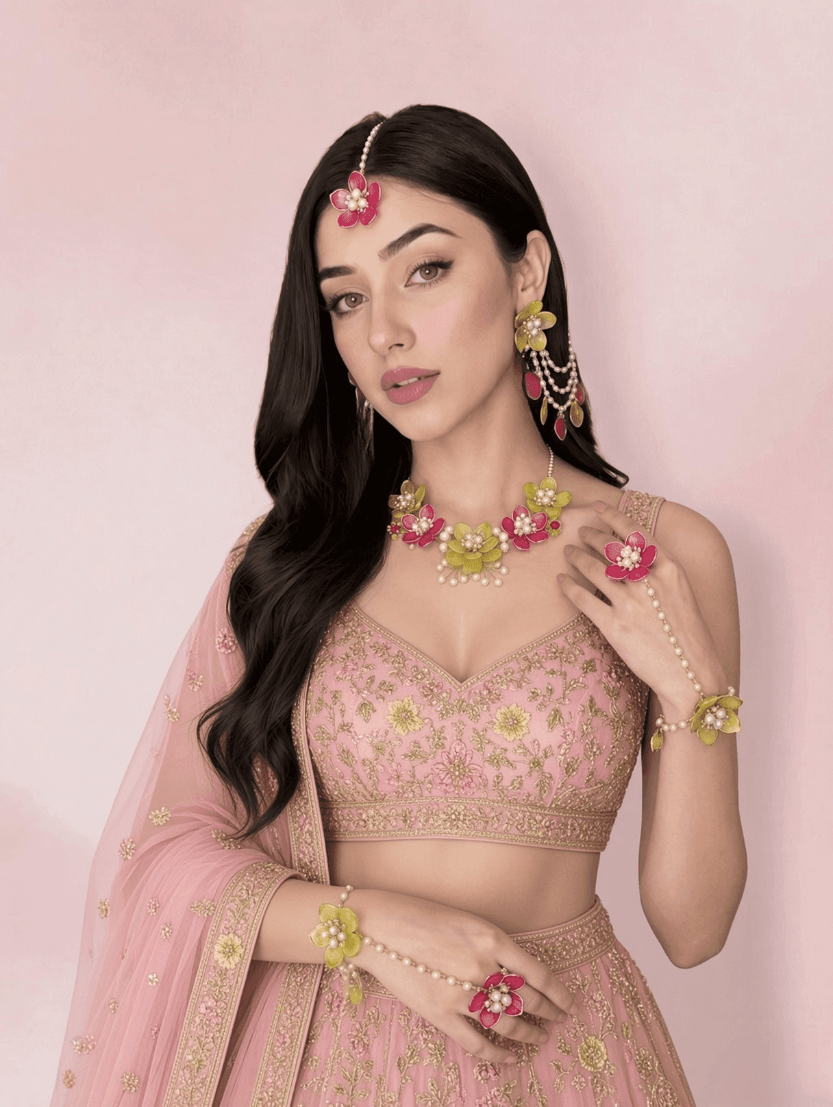 Designer Floral Haldi-Mehndi Bridal Jewellery Pink & Green
