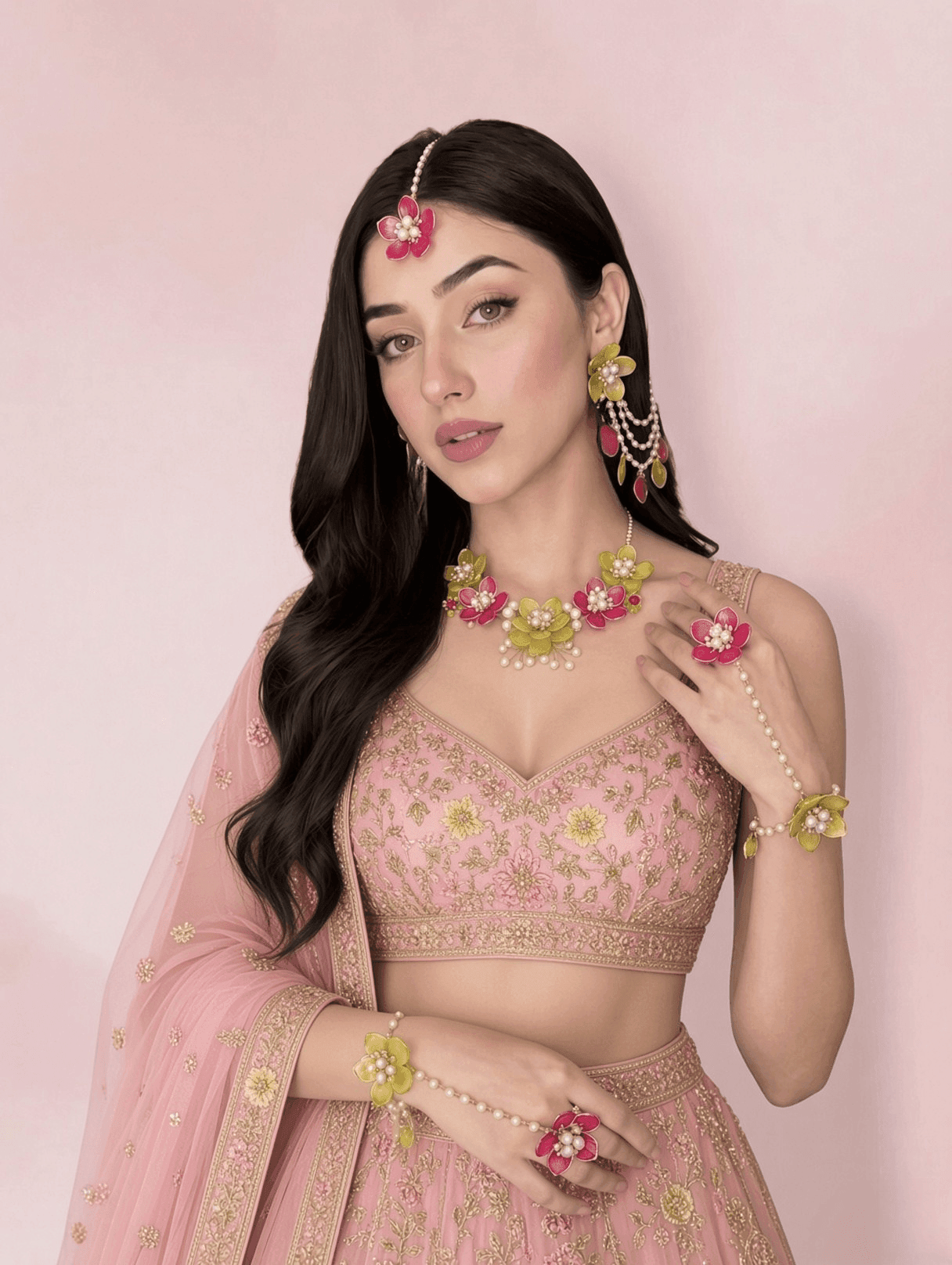 Designer Floral Haldi-Mehndi Bridal Jewellery Pink & Green