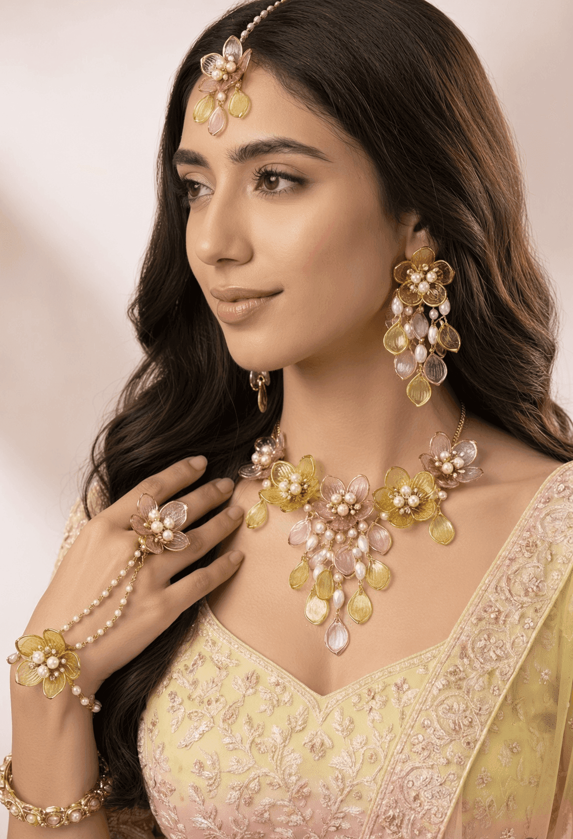 Yellow-Pink Acrylic Flowers Bridal Jewelry for Haldi-Mehndi