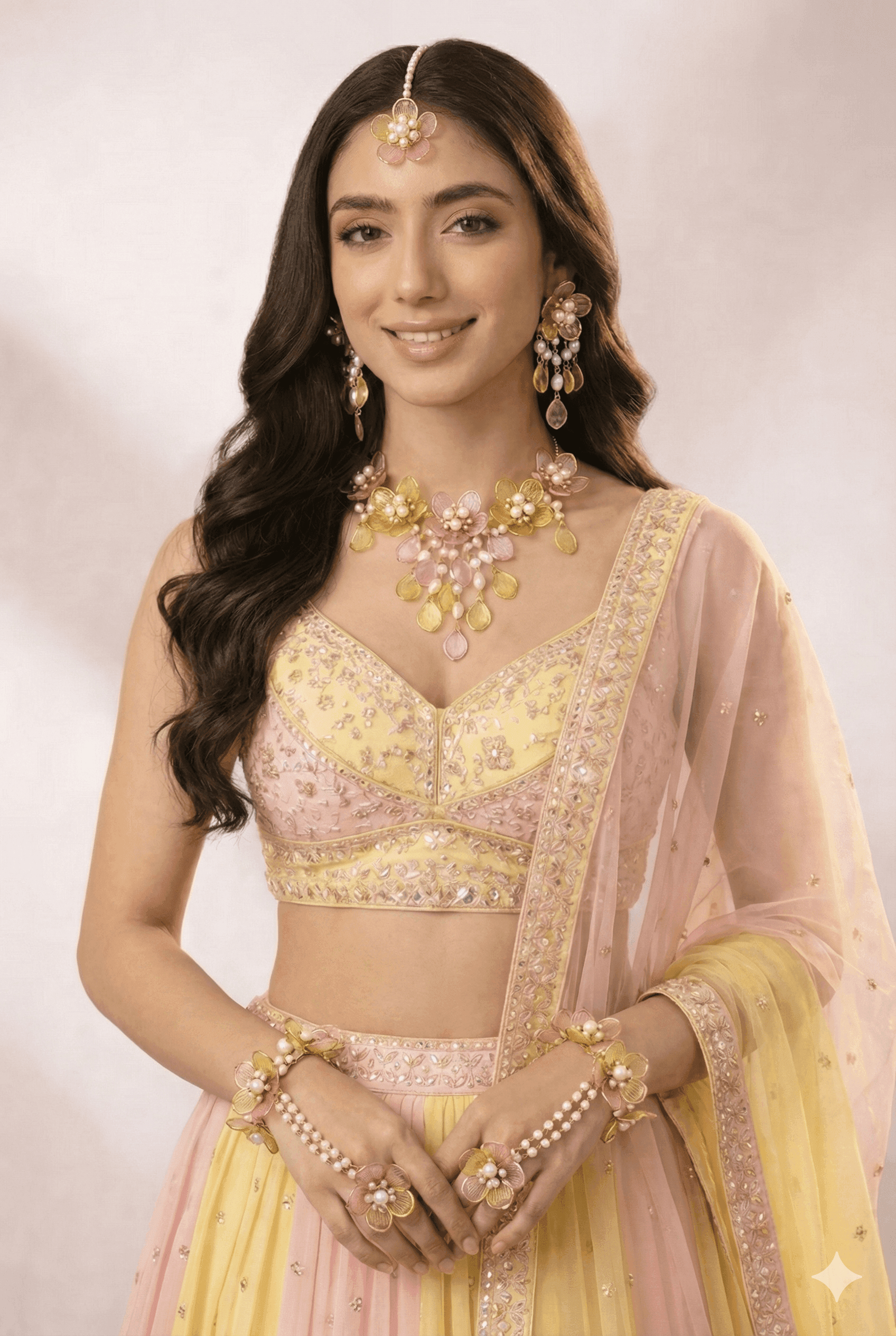 Yellow-Pink Acrylic Flowers Bridal Jewelry for Haldi-Mehndi