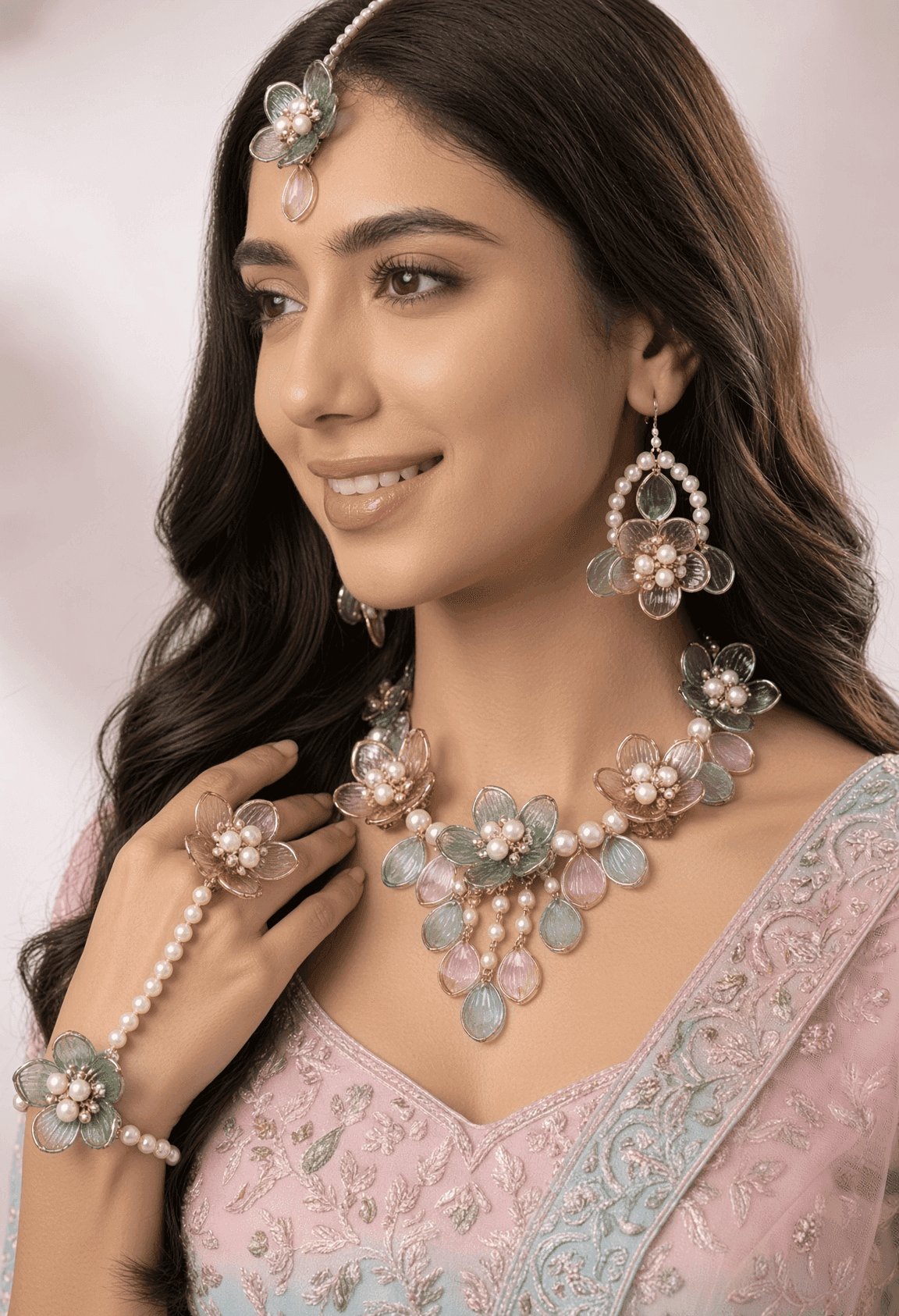 Elegant Acrylic Jewellery Set in Sky Blue & Pink Floral - A Premium Choice for Brides