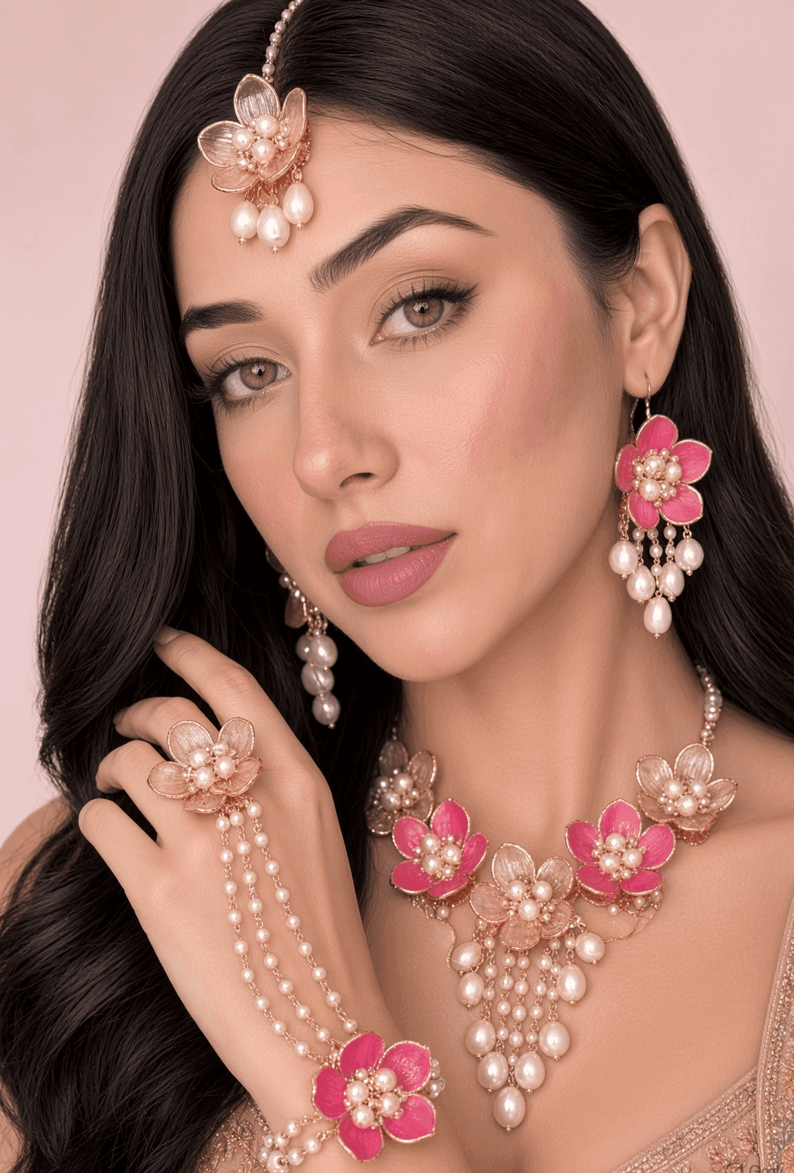 Elegantly Crafted Pink Floral Acrylic Jewelry for Haldi-Mehndi Events