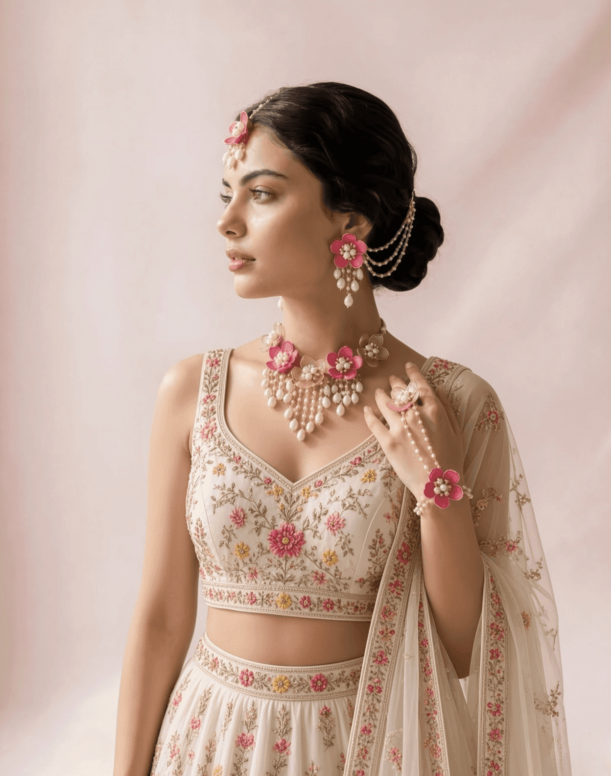 Elegantly Crafted Pink Floral Acrylic Jewelry for Haldi-Mehndi Events