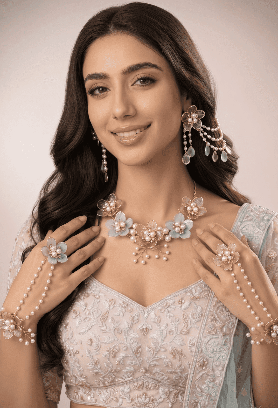 Blue & Pink Floral Acrylic Jewellery Set for Haldi & Mehndi