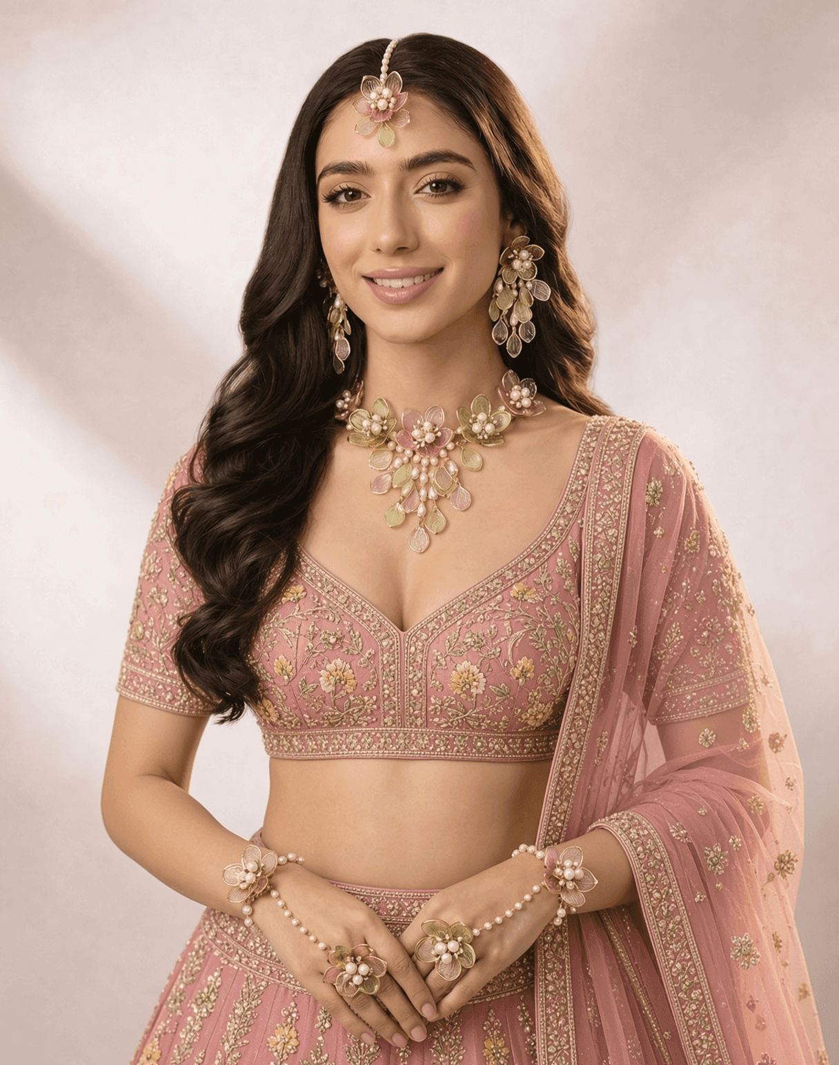 Floral Fiesta: Bridal Jewelry Set for Haldi & Mehndi (Green & Pink)