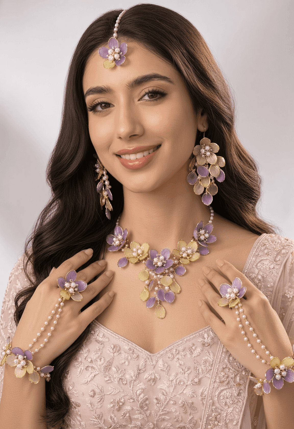 Resplendent Lavender-Yellow Floral Bridal Jewellery Set for Wedding Carnival