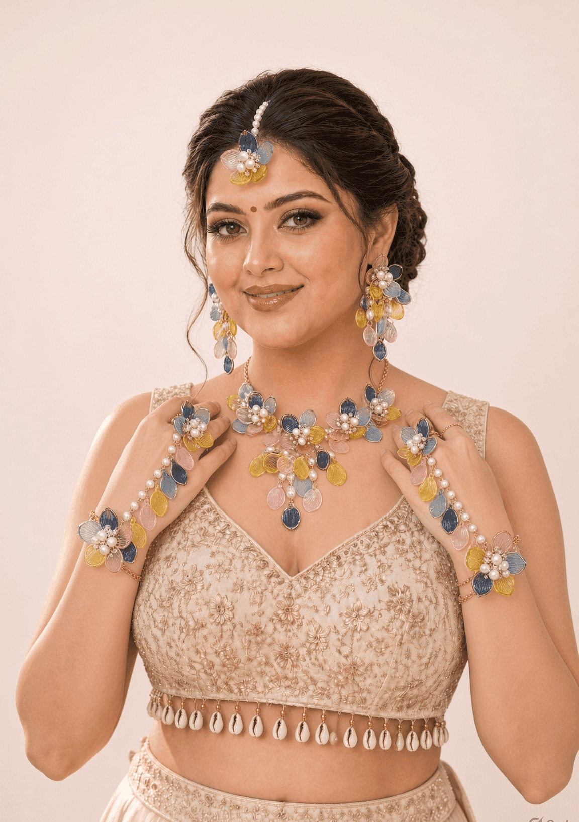 Floral Hues: Blue, Pink & Yellow Resin Carnival Bridal Jewellery Set for Haldi-Mehndi Celebration