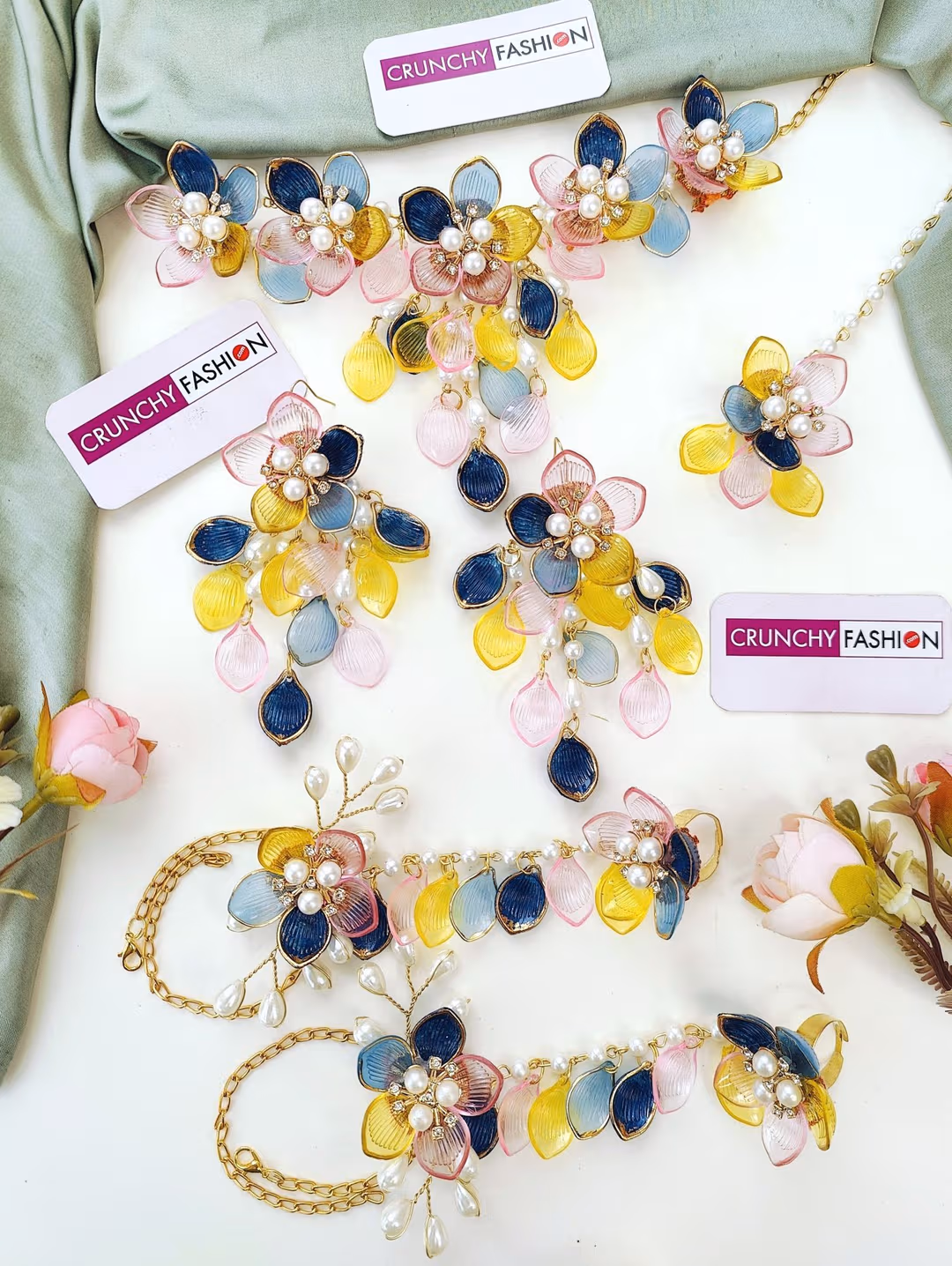 Floral Hues: Blue, Pink & Yellow Resin Carnival Bridal Jewellery Set for Haldi-Mehndi Celebration