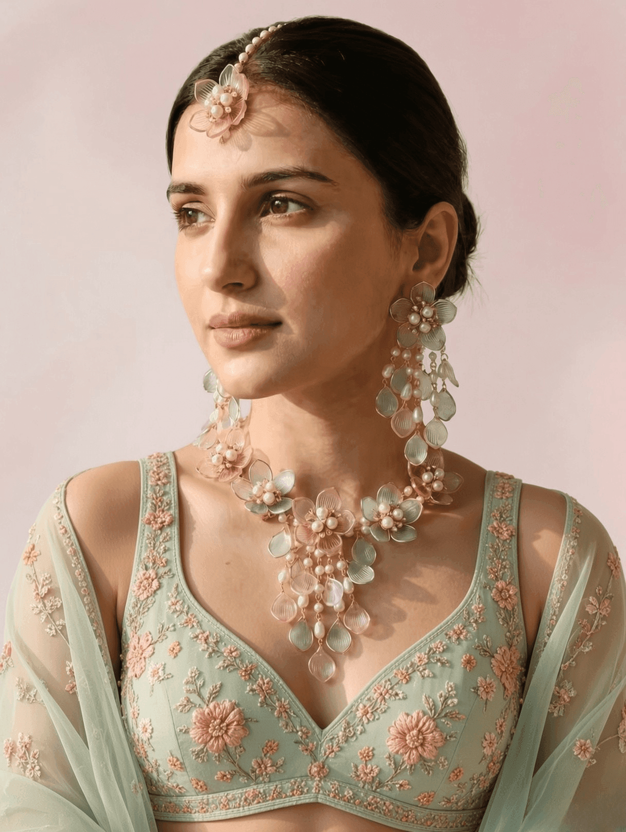 Blooming Bliss: Powder Blue & Pink Floral Bridal Set in Resin & Gold