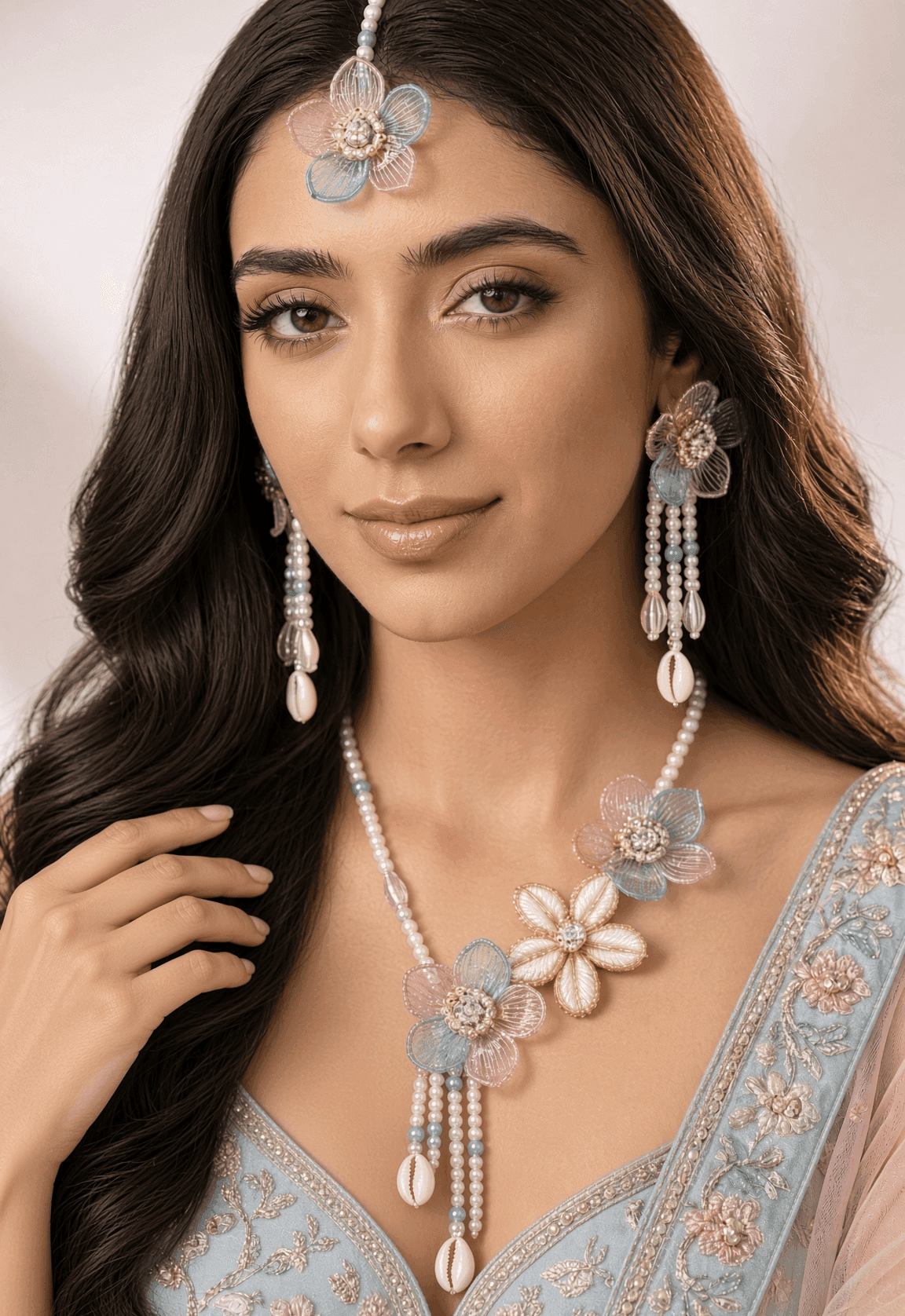 Handmade Acrylic Bridal Jewellery Set Sky Blue Pink Floral