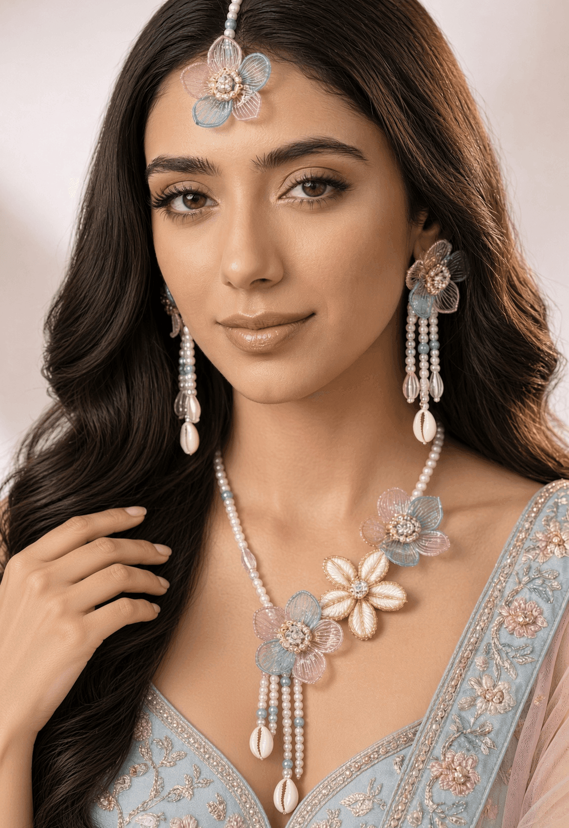 Handmade Acrylic Bridal Jewellery Set Sky Blue Pink Floral