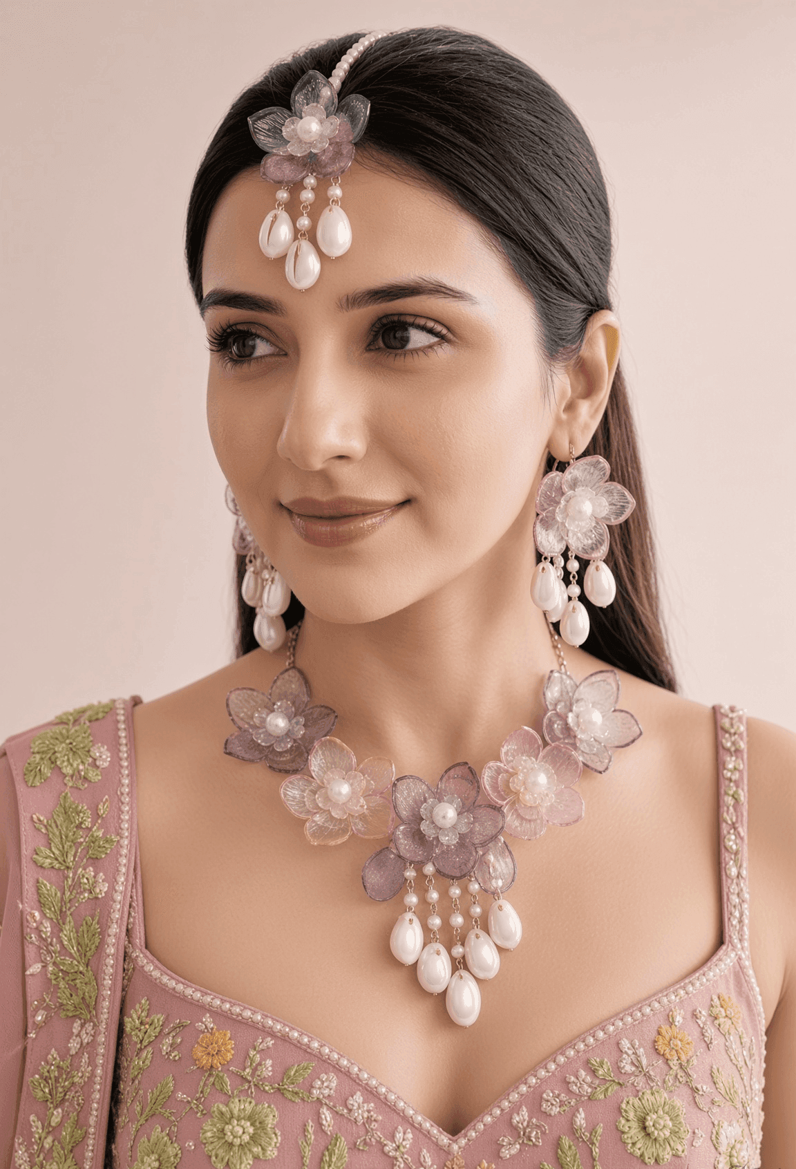 Lavender-Pink Delight: Floral Handmade Resin Carnival Bridal Jewellery Set