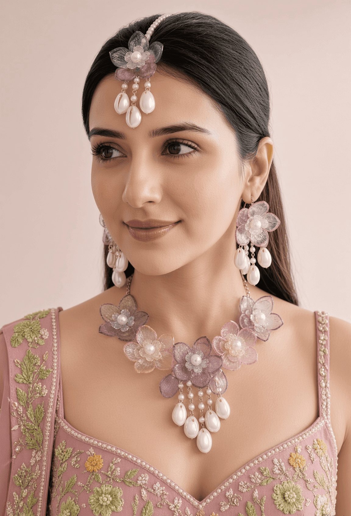 Lavender-Pink Delight: Floral Handmade Resin Carnival Bridal Jewellery Set
