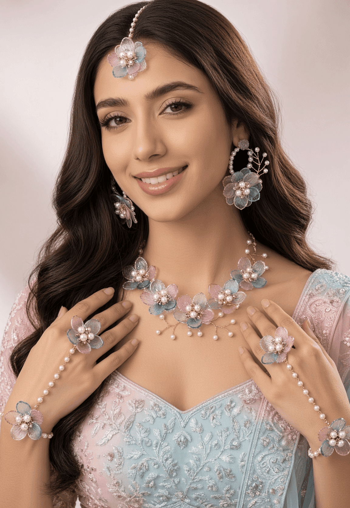 Pastel Pink Blue Acrylic Floral Jewellery Set for Haldi & Mehndi Brides
