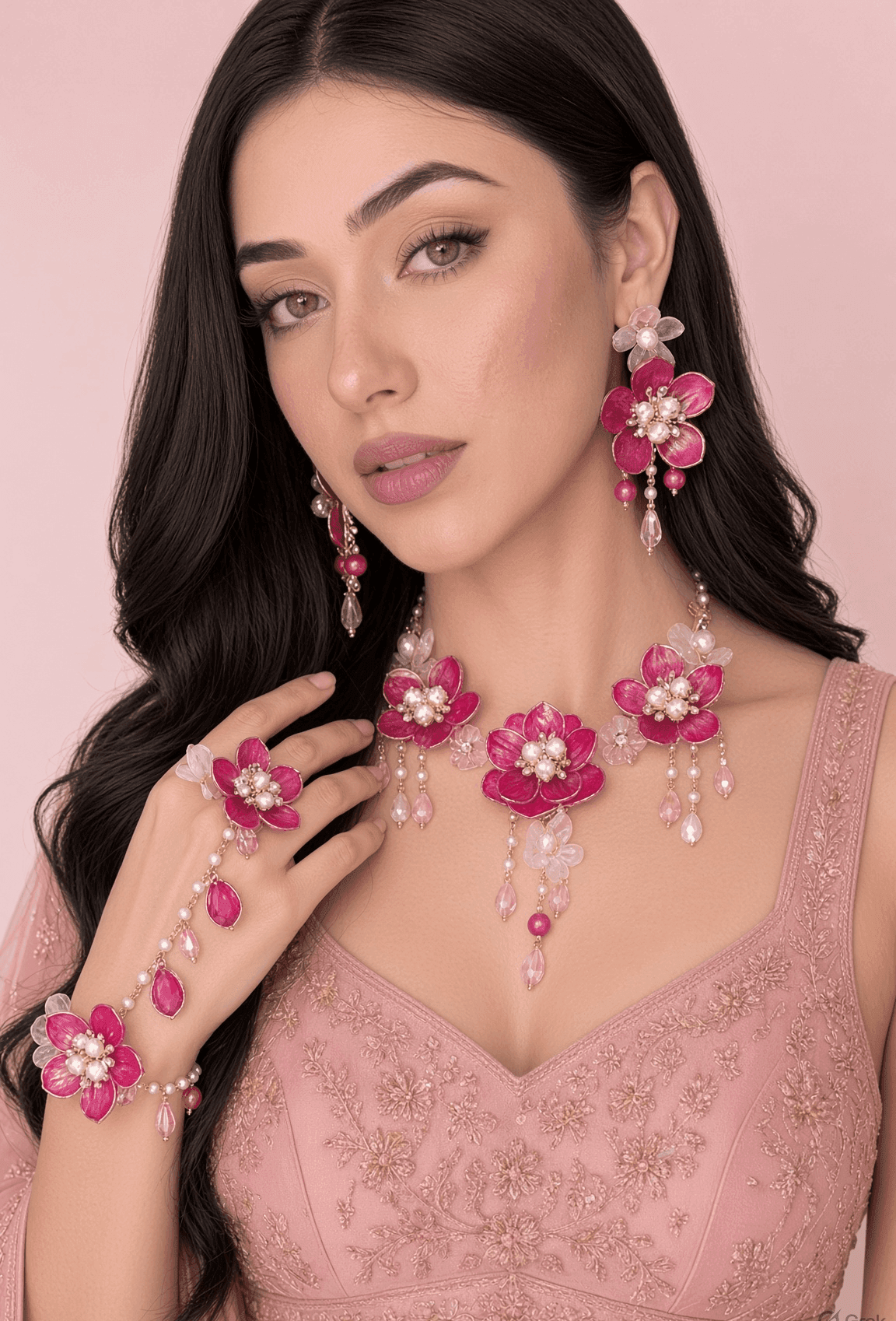 Pink Floral Carnival Bridal Acrylic Jewellery Set with Gold Plating, Ideal for Haldi-Mehndi