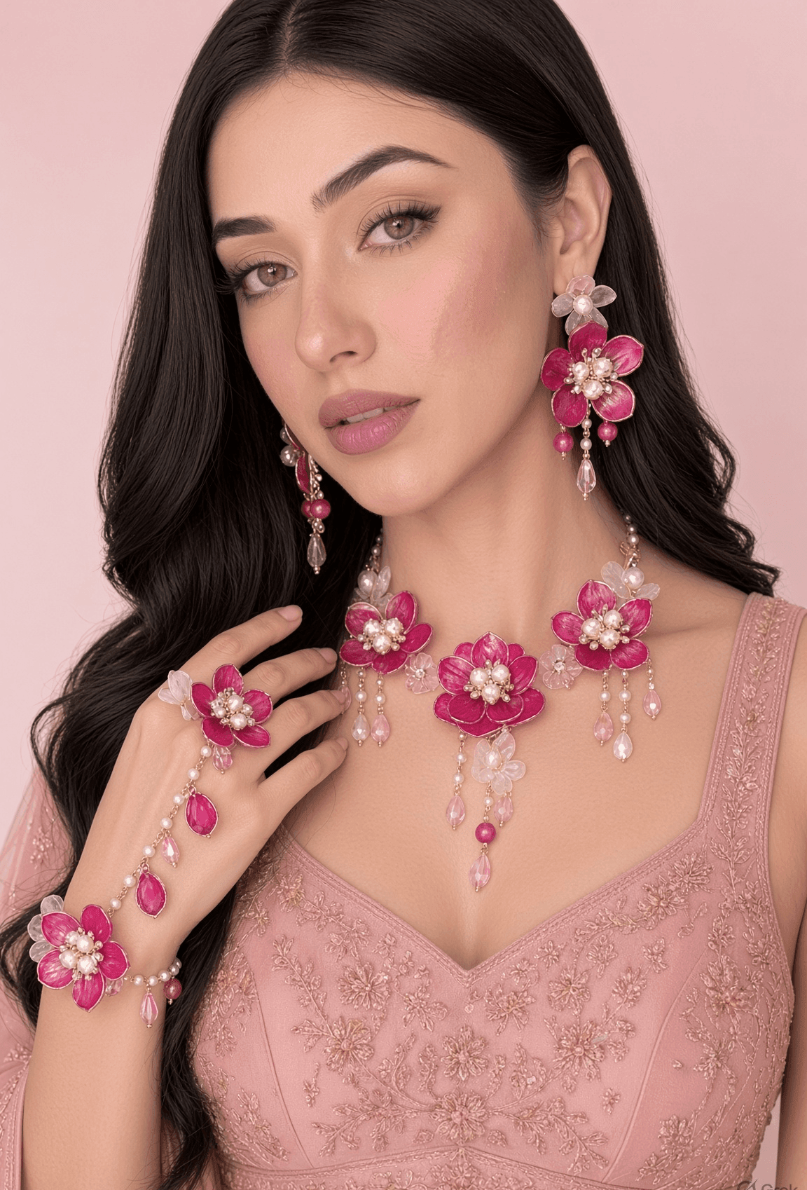 Pink Floral Carnival Bridal Acrylic Jewellery Set with Gold Plating, Ideal for Haldi-Mehndi