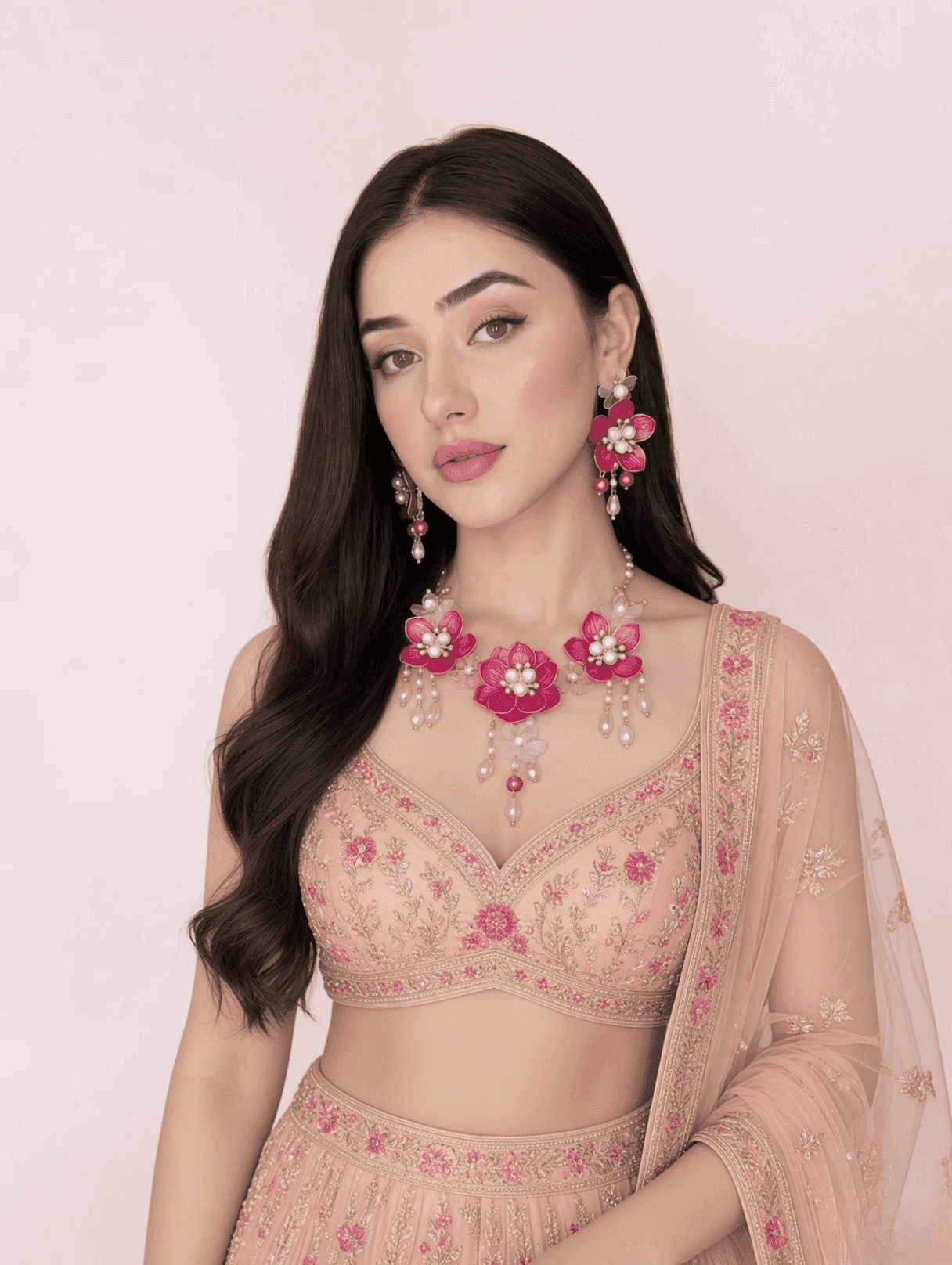 Pink Floral Carnival Bridal Acrylic Jewellery Set with Gold Plating, Ideal for Haldi-Mehndi