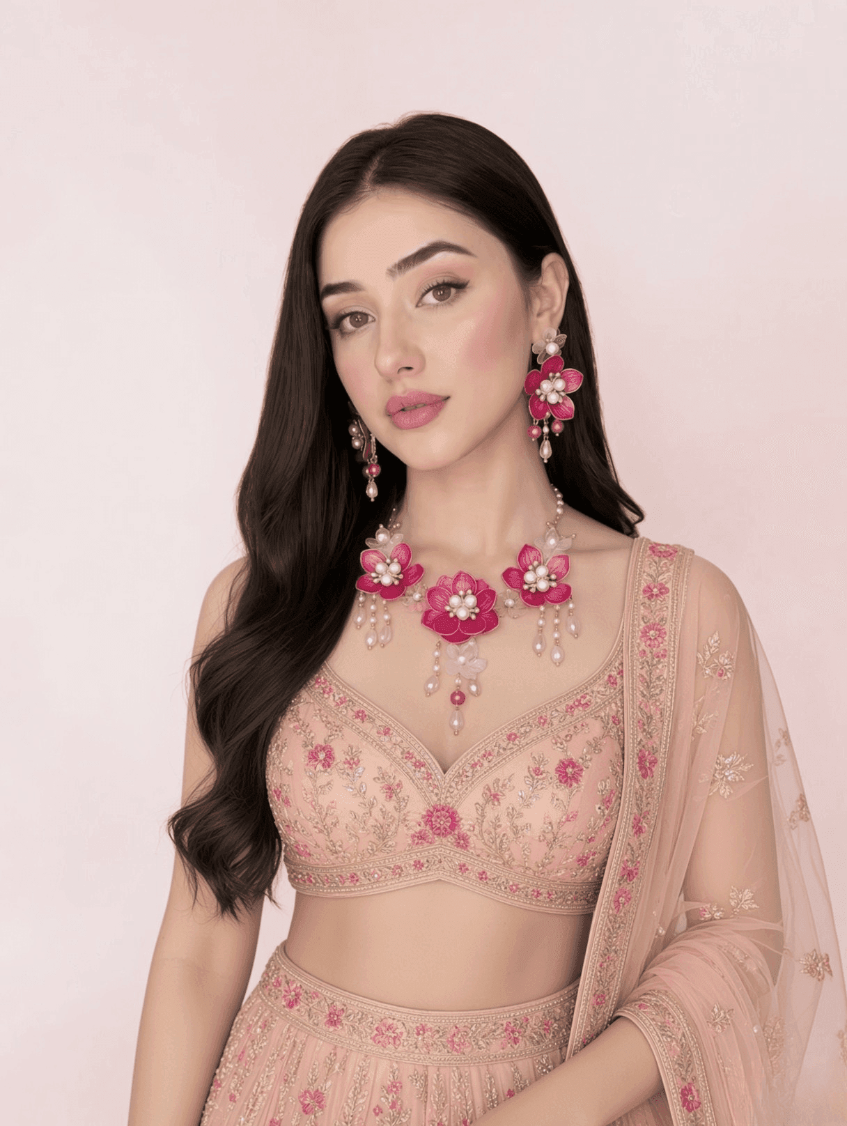 Pink Floral Carnival Bridal Acrylic Jewellery Set with Gold Plating, Ideal for Haldi-Mehndi