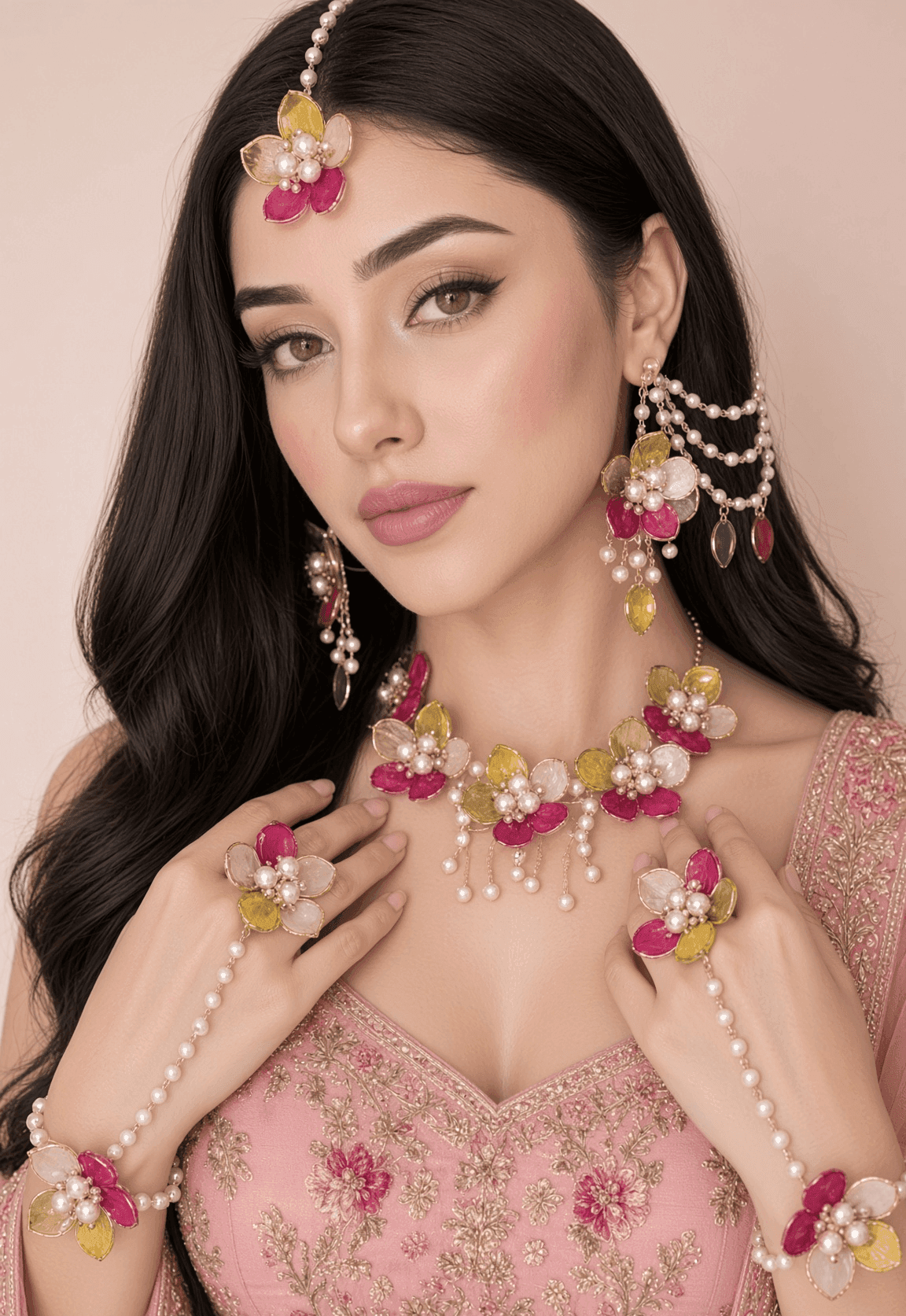 Vibrant Pink Yellow Acrylic Floral Jewellery Set for Mehndi