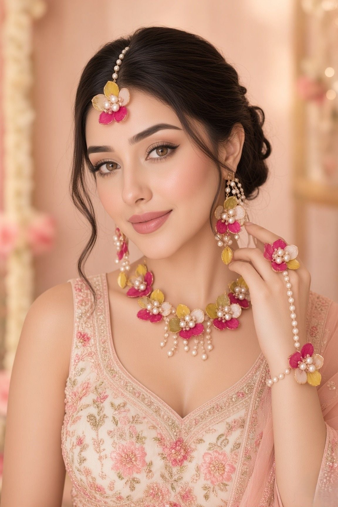 Vibrant Pink Yellow Acrylic Floral Jewellery Set for Mehndi