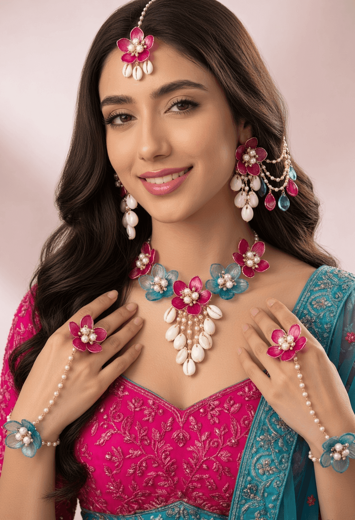 Bridal Bliss: Sky-Blue & Pink Resin Floral Jewellery for Haldi-Mehndi