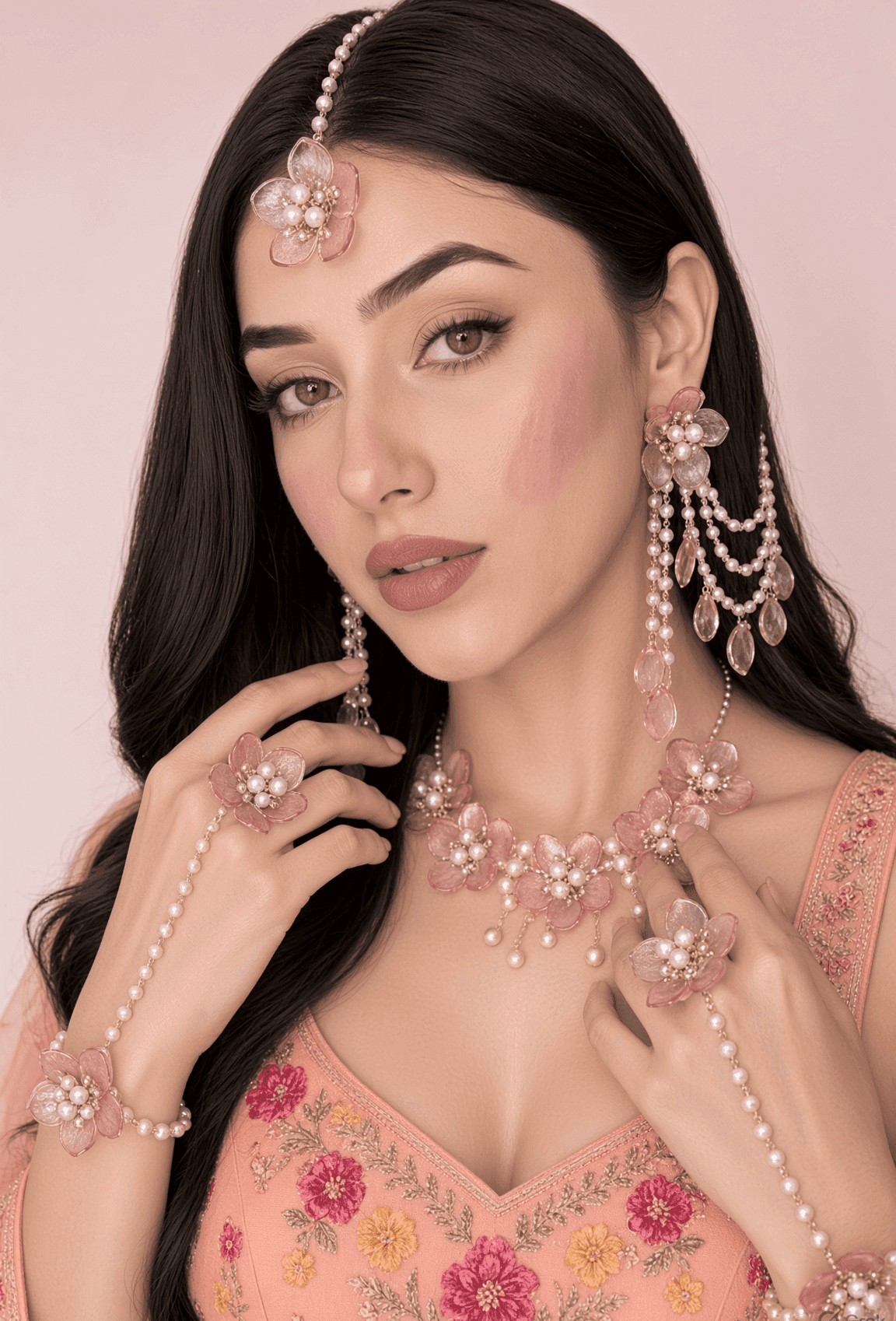 Soft Pink Acrylic Floral Jewellery Set for Haldi & Mehndi Brides