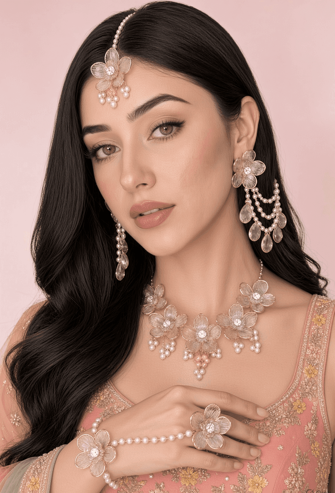 Pastel Acrylic Flower Jewellery Set for Minimal Haldi Mehndi Bride Look