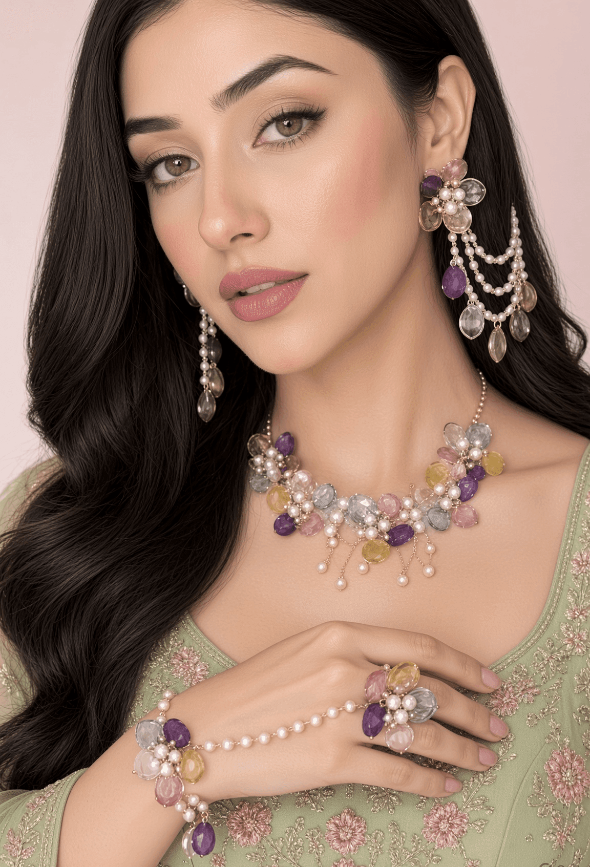 Multicolor Acrylic Floral Jewellery Set for Haldi & Mehndi Brides