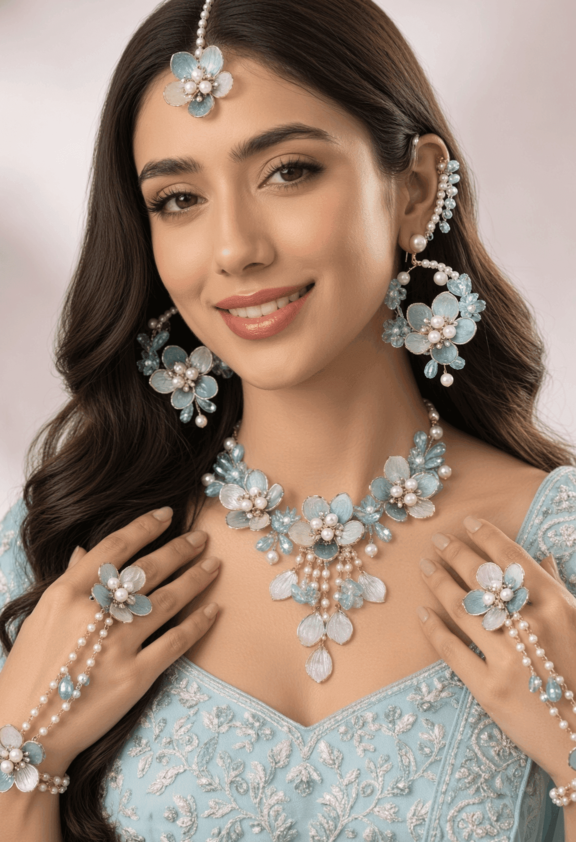 Aqua Blue Acrylic Floral Jewellery Set for Haldi & Mehndi Ceremony