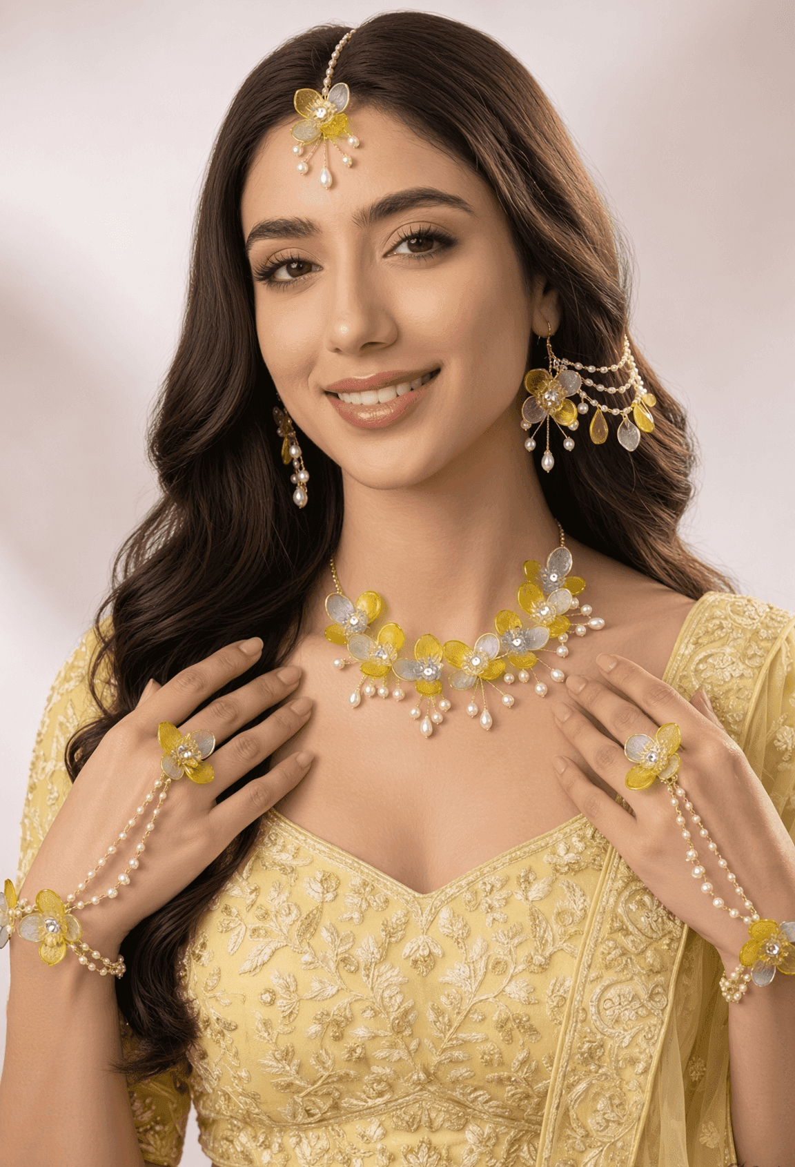 Yellow Sky Blue Floral & Sea Shell Haldi Mehndi Bridal Jewellery Set