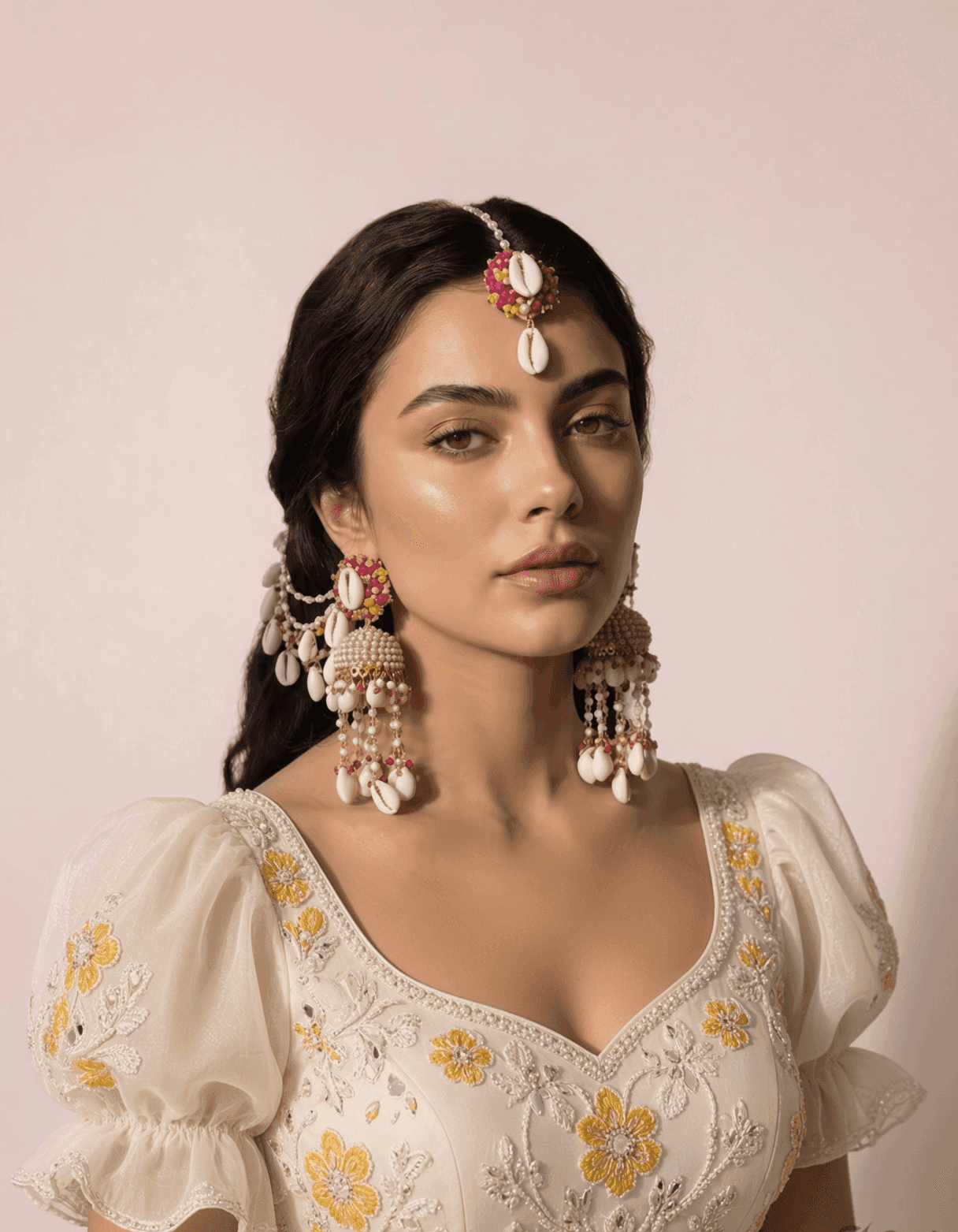 Pink-Yellow Pearl & Sea Shell Earrings with Ear Chains for Haldi