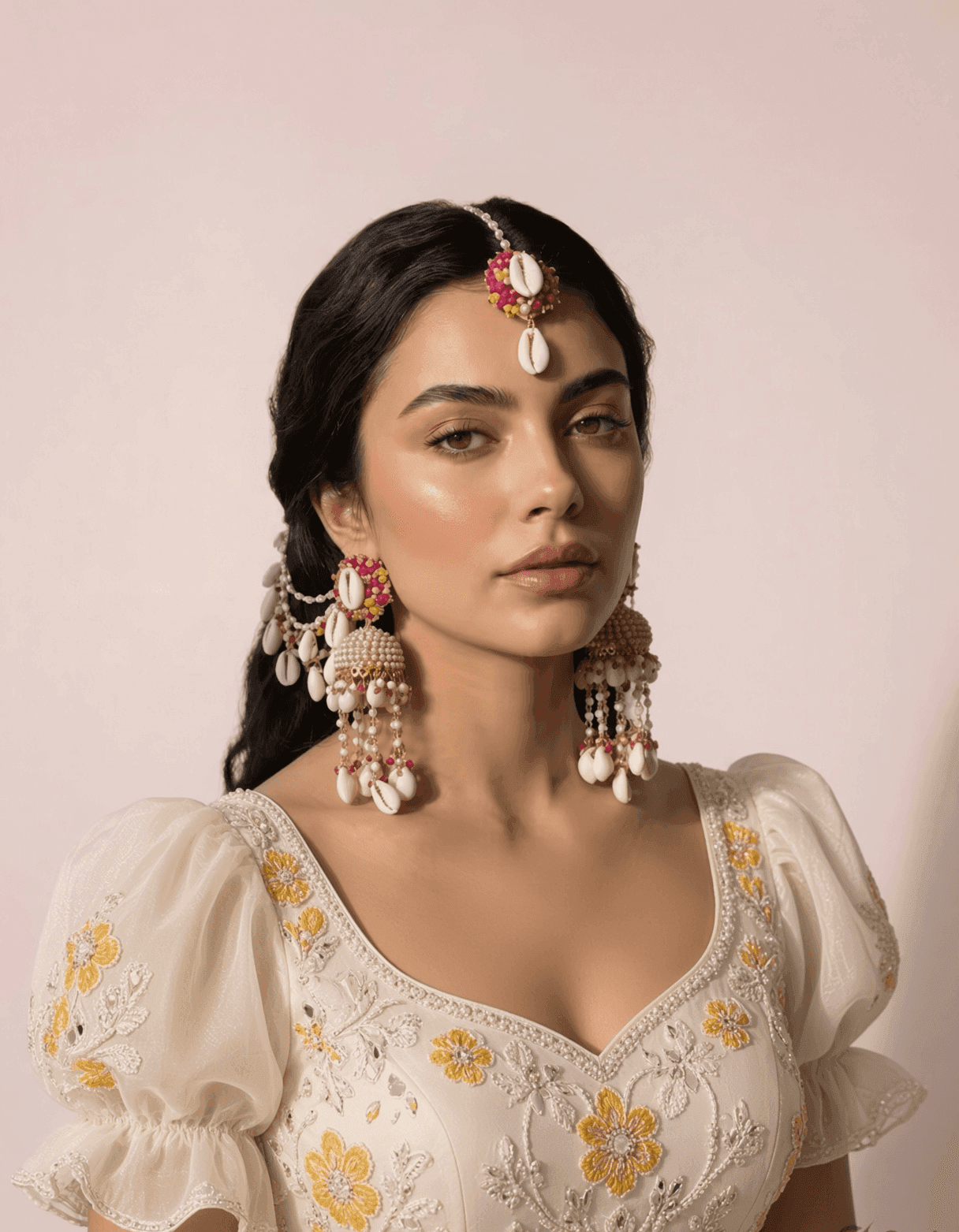 Pink-Yellow Pearl & Sea Shell Earrings with Ear Chains for Haldi