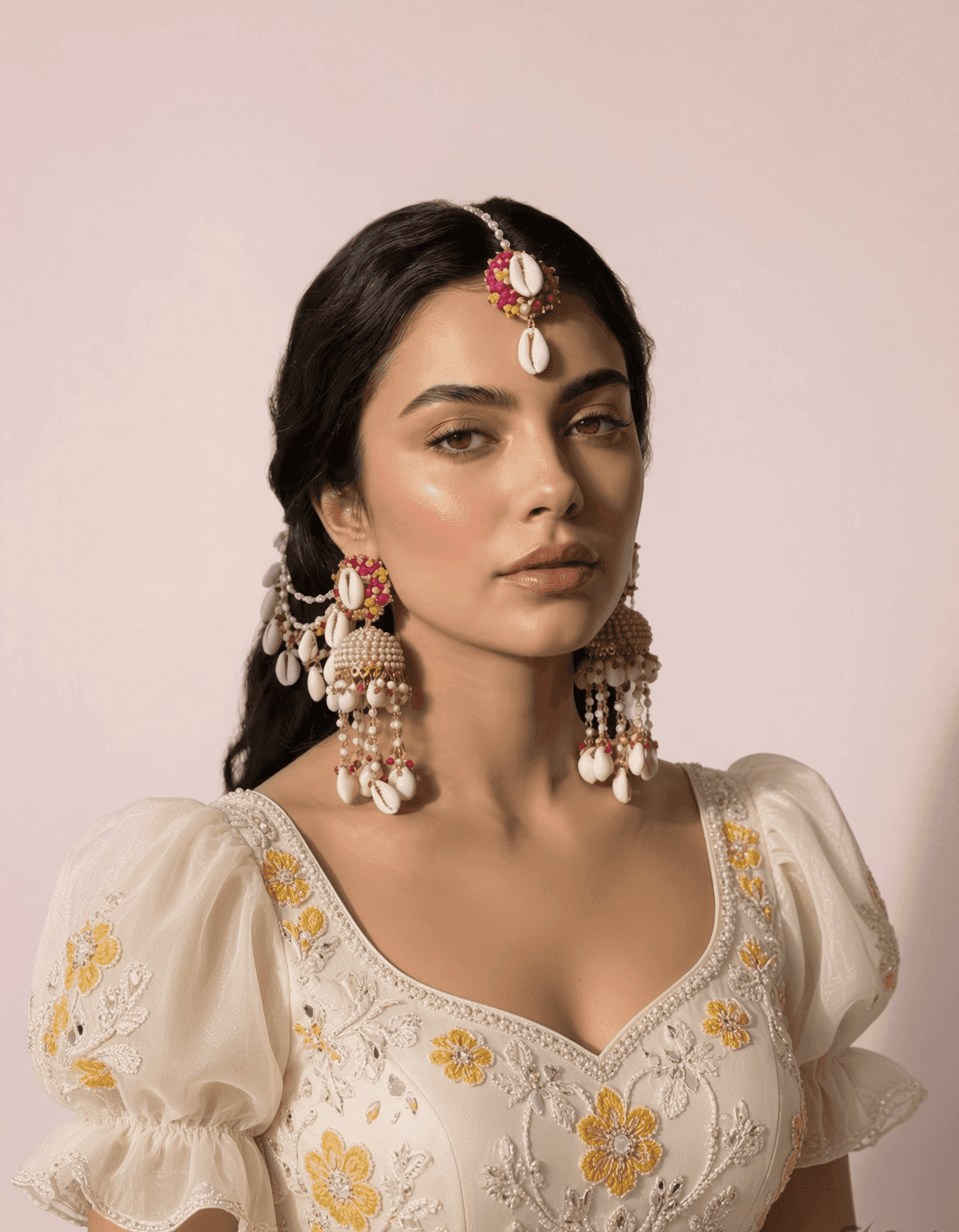 Pink-Yellow Pearl & Sea Shell Earrings with Ear Chains for Haldi