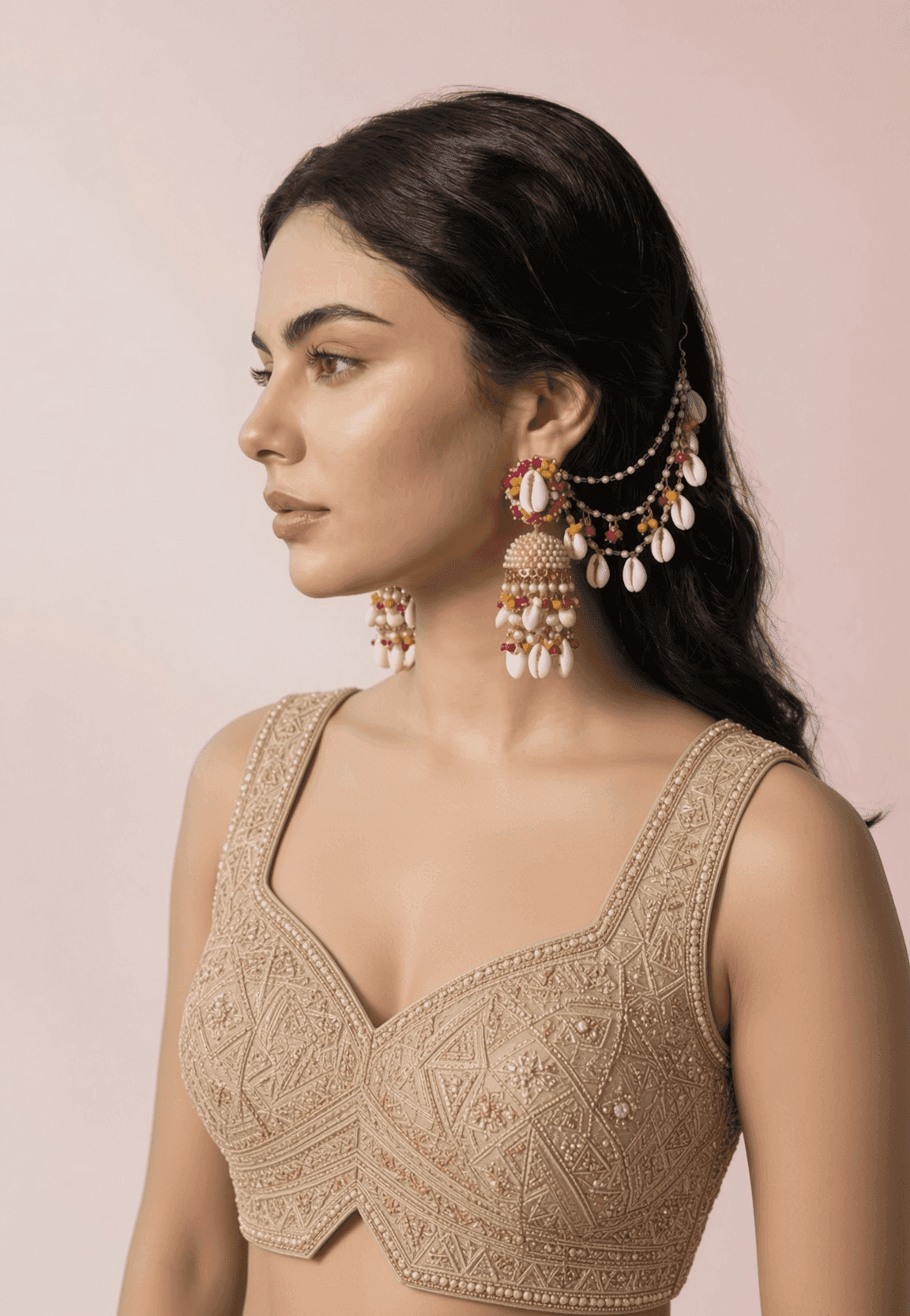 Pink-Yellow Pearl & Sea Shell Earrings with Ear Chains for Haldi