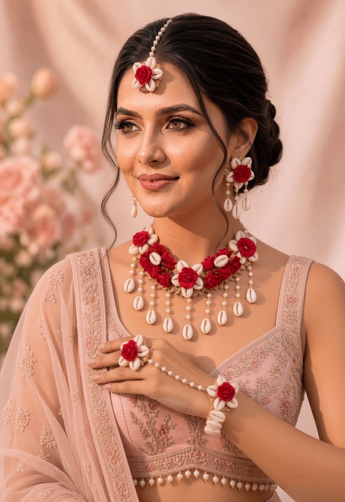 Red Rose Sea Shell Jewellery Set for Haldi & Mehndi Brides