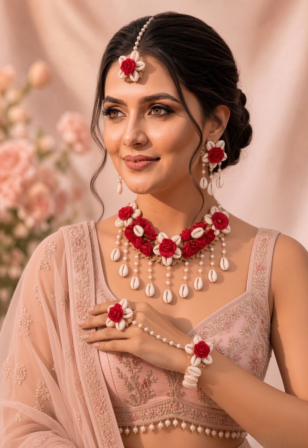 Red Rose Sea Shell Jewellery Set for Haldi & Mehndi Brides